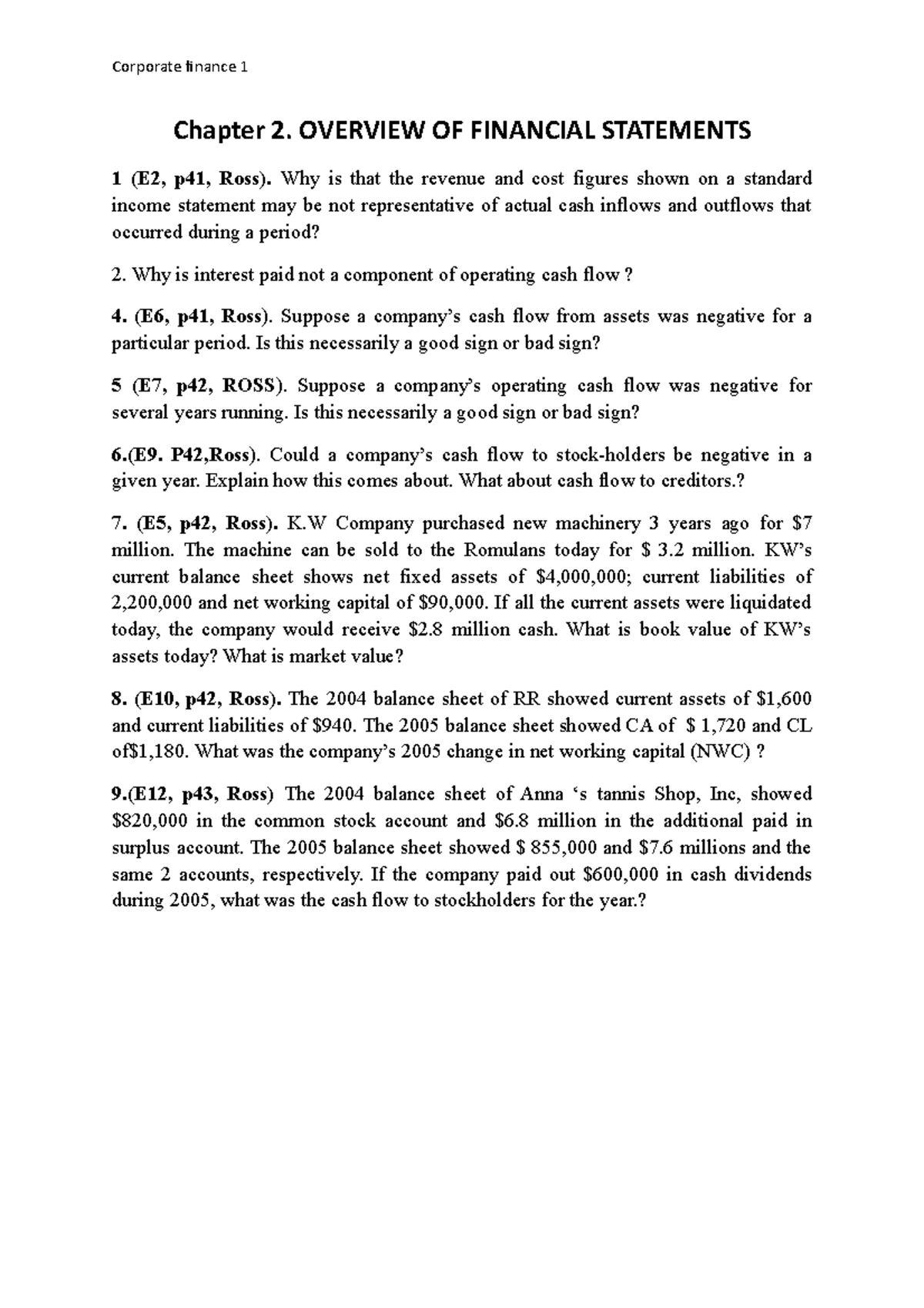 Q- Chapter 2 - fundamentals of finance - Corporate finance 1 Chapter 2 ...