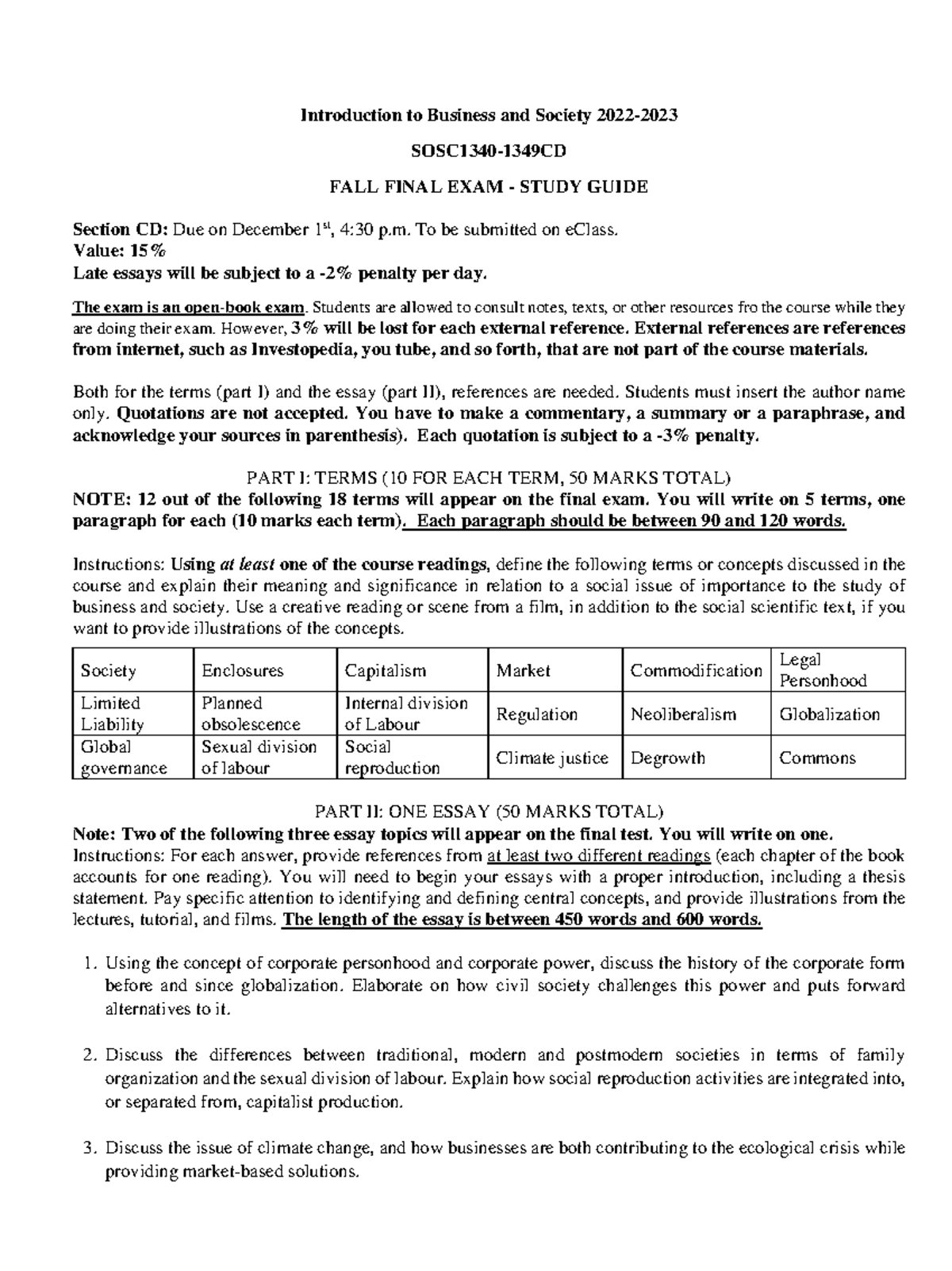 Fall Final Exam Instructions and questions for students Introduction