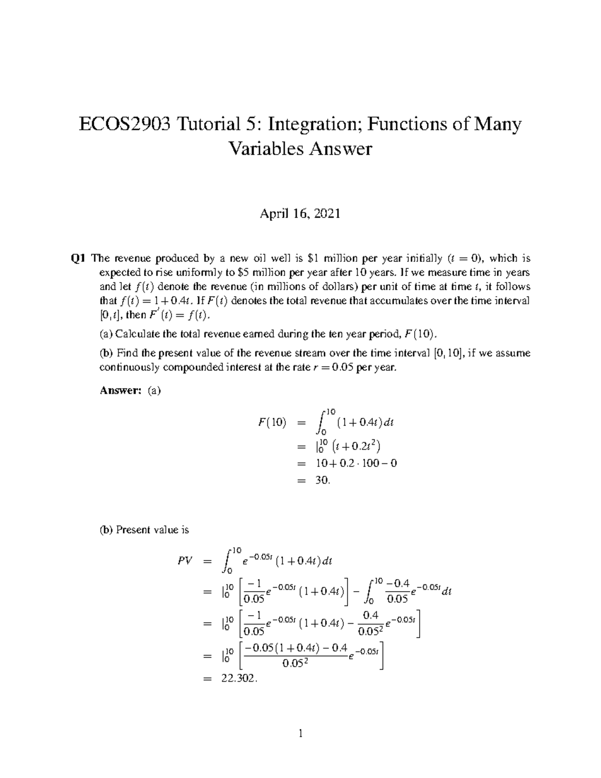 Tutorial 5 economic application of integration - ECOS2903 Tutorial 5 ...