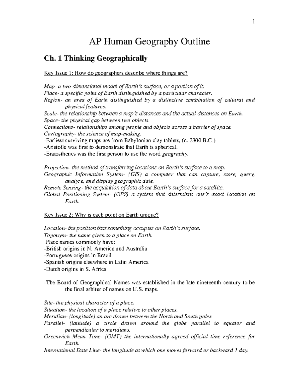 APHG Motherlodeof ImportantNOtes AP Human Geography Outline Ch. 1