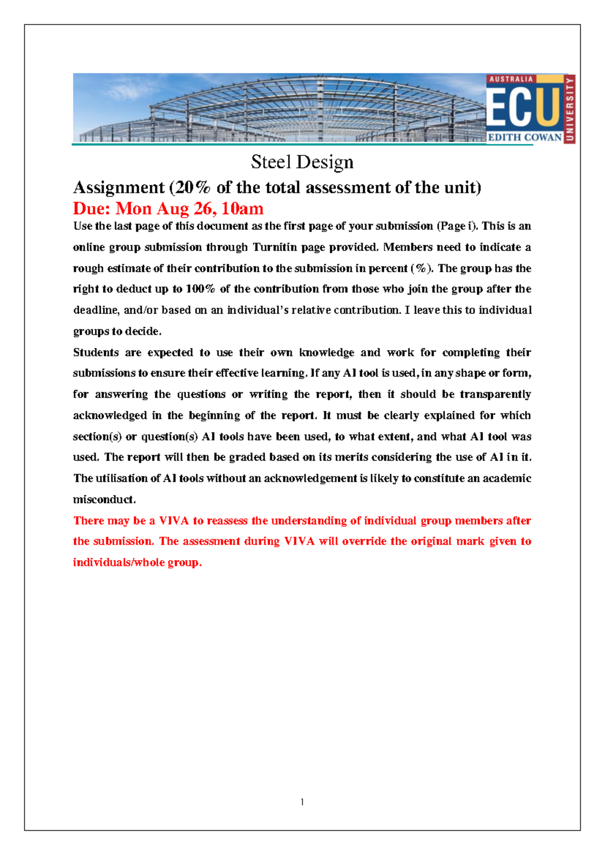 Steel Design Assignment 2024 v1 - Steel Design Assignment (20% of the ...