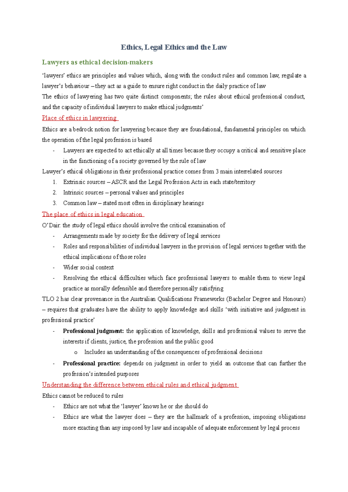 LAWS1230 Comprehensive Course Notes. docx - Ethics, Legal Ethics and ...