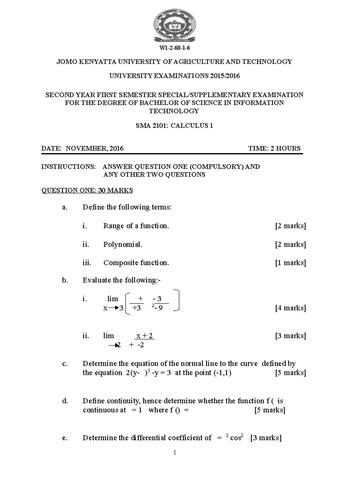 SMA 2101 Calculus 1 - aids in practice - W1-2-60-1- JOMO KENYATTA ...