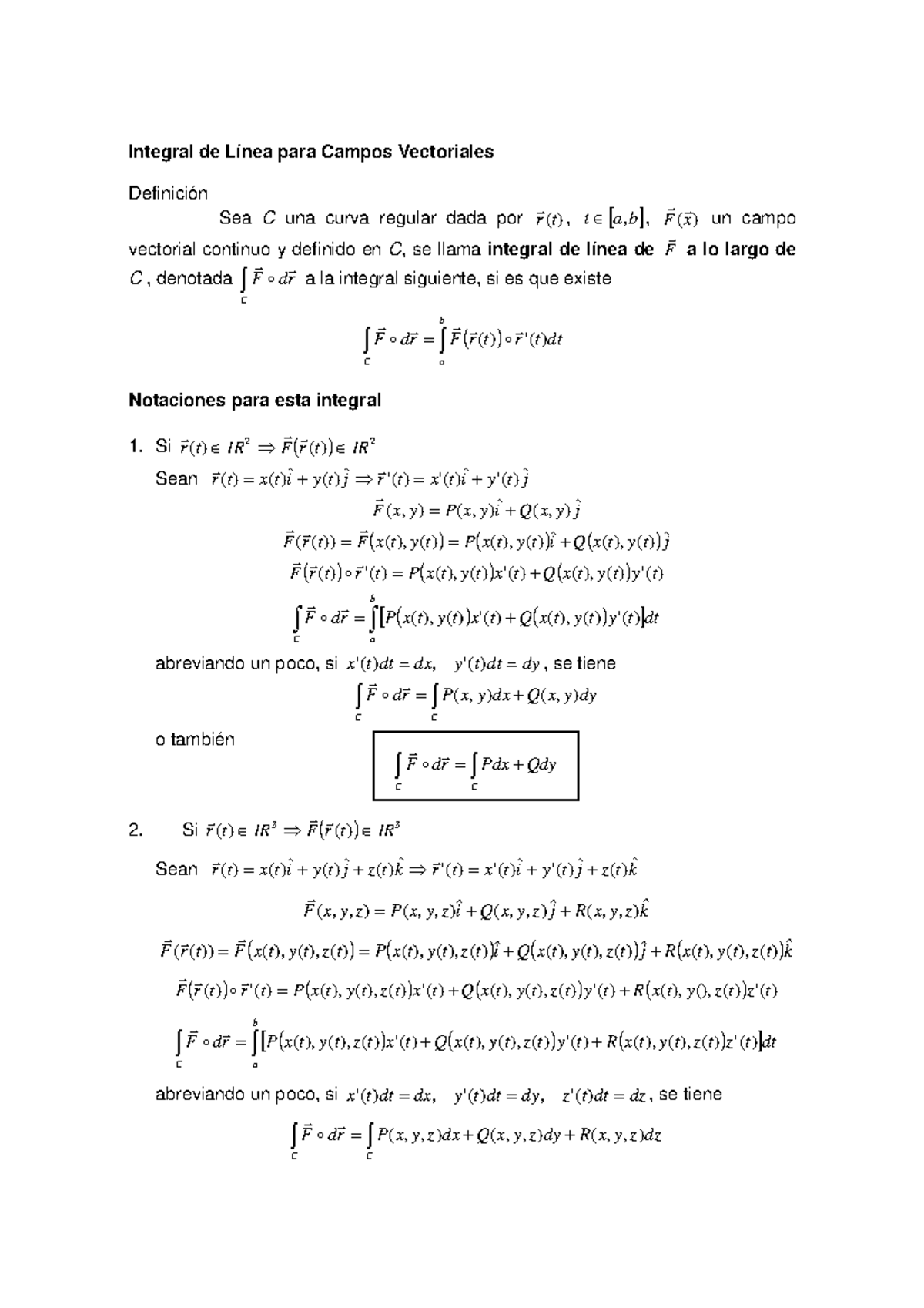 Integral de línea 4 - Integral de para Campos Vectoriales r r r Sea C ...