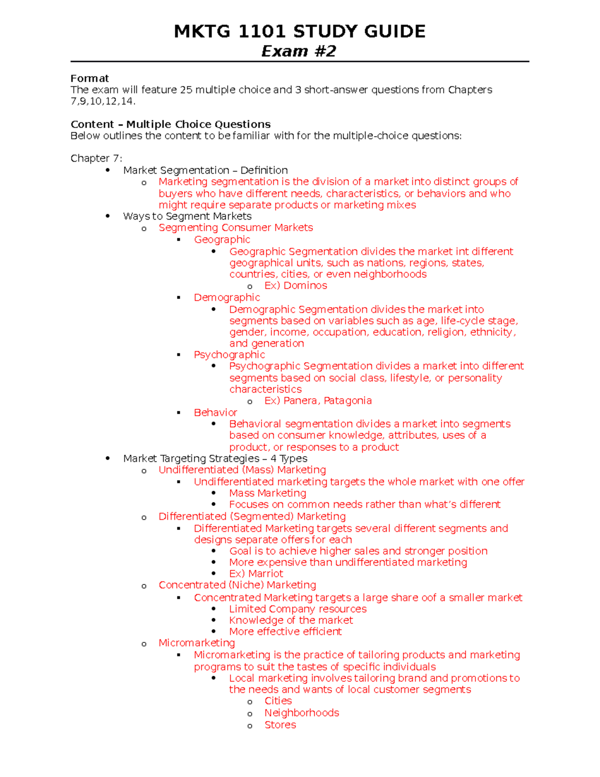 MKTG 1101 Exam 2 Study Guide - MKTG 1101 STUDY GUIDE Exam Format The ...