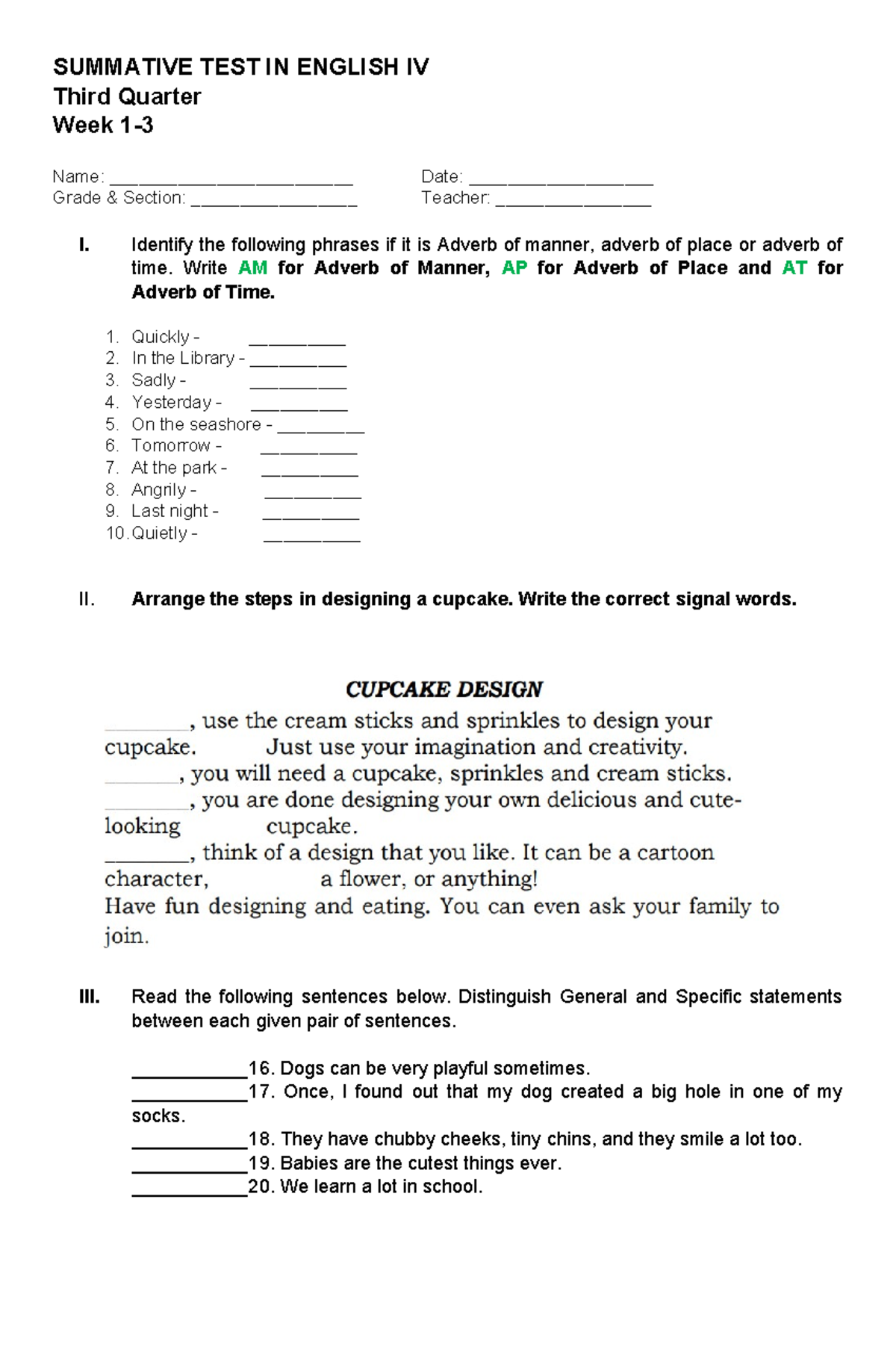 Summative in English Q3 week 1-4 - SUMMATIVE TEST IN ENGLISH IV Third ...