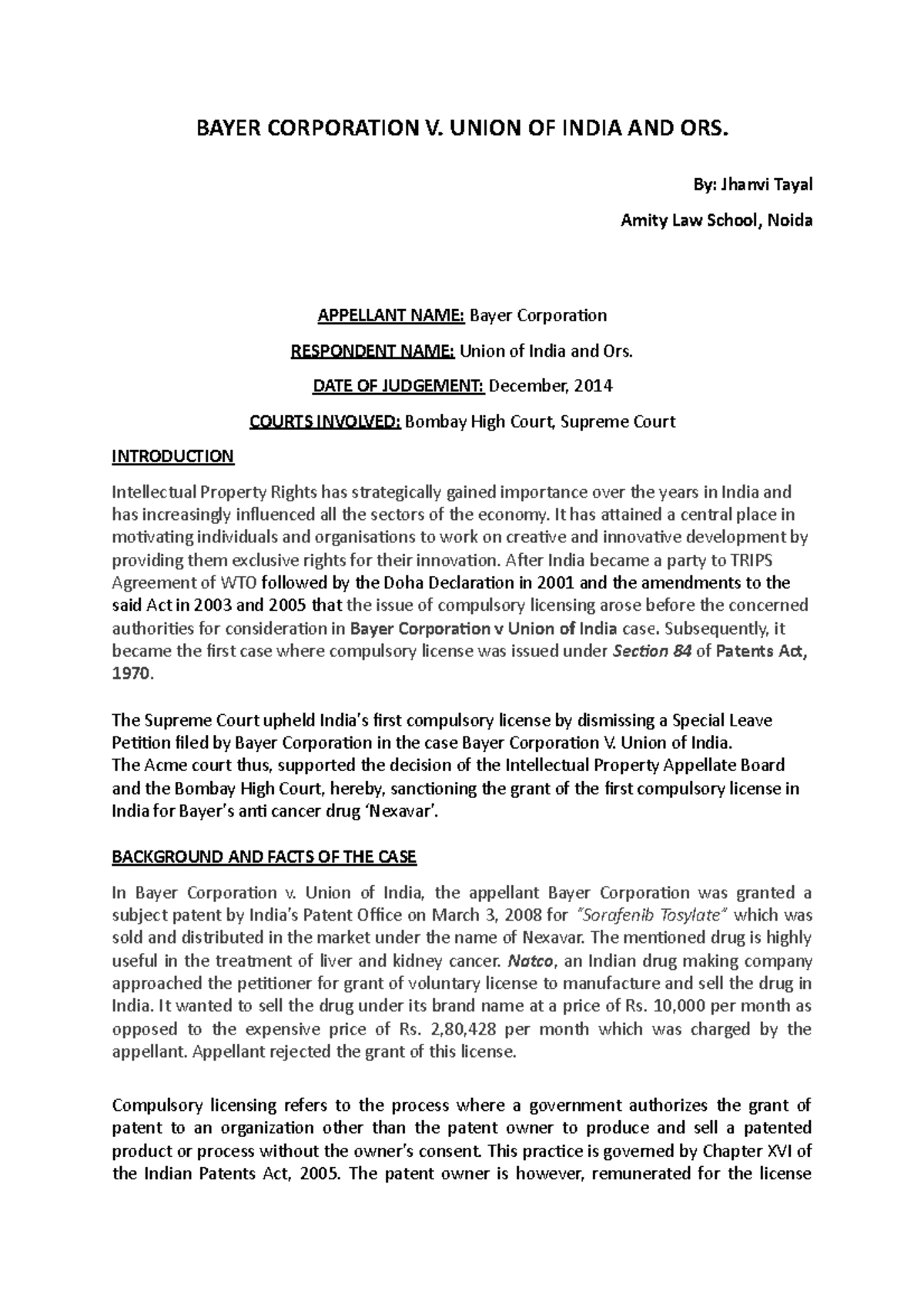 Bayer Corporation v. Union of India BAYER CORPORATION V. UNION OF