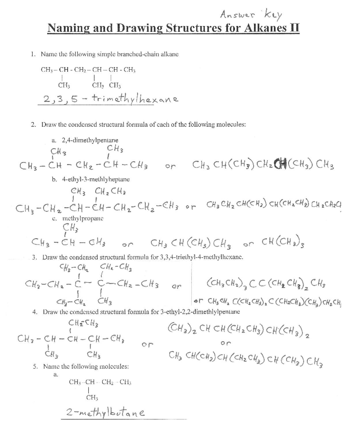 Naming Alkanes with Substituents Answer Key - Organic Chemistry - Studocu
