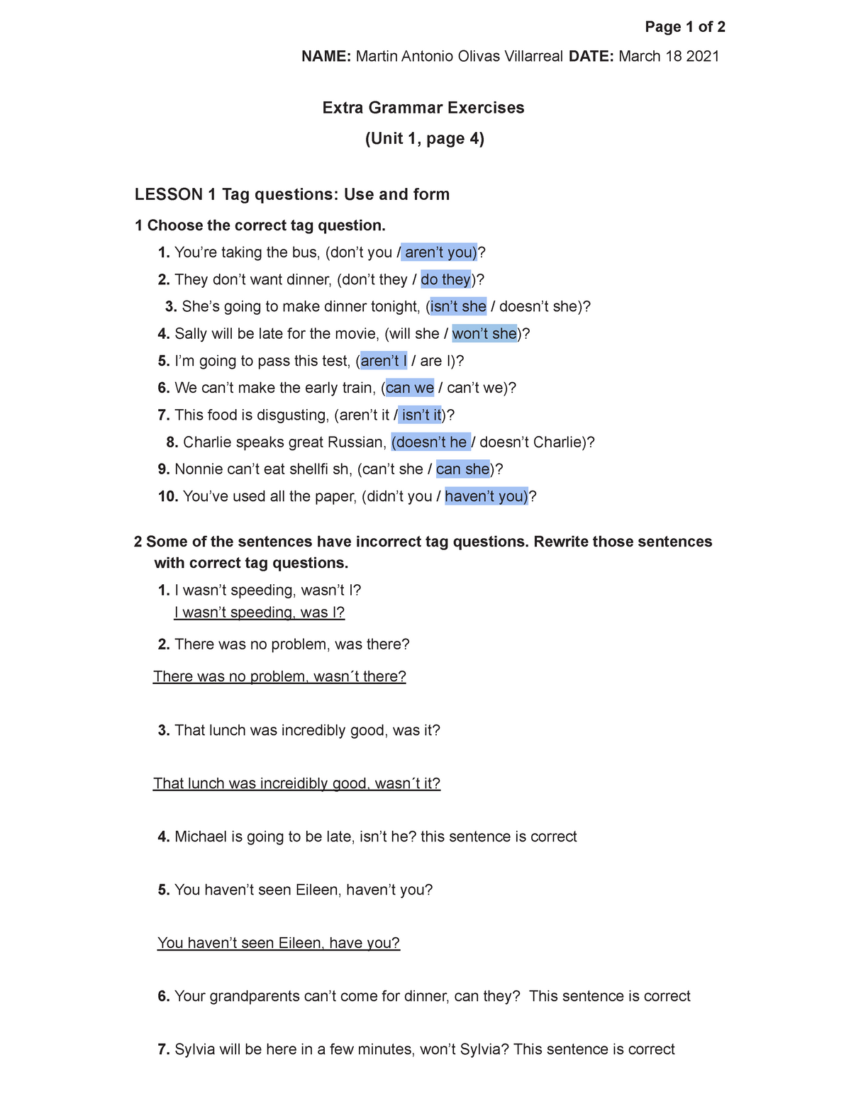 UNIT 01 Extra Gram Exercises Page 1 Of 2 NAME Martin Antonio Olivas 