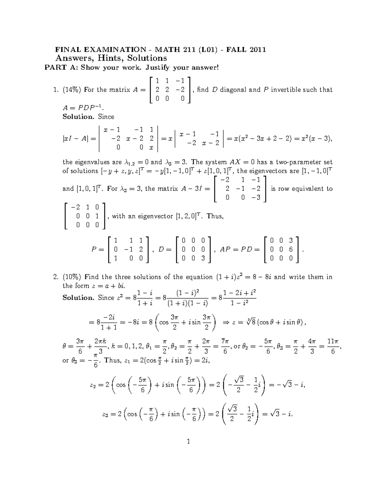 Final 2011, answers - FINAL EXAMINATION - MATH 211 (L01) - FALL 2011 ...