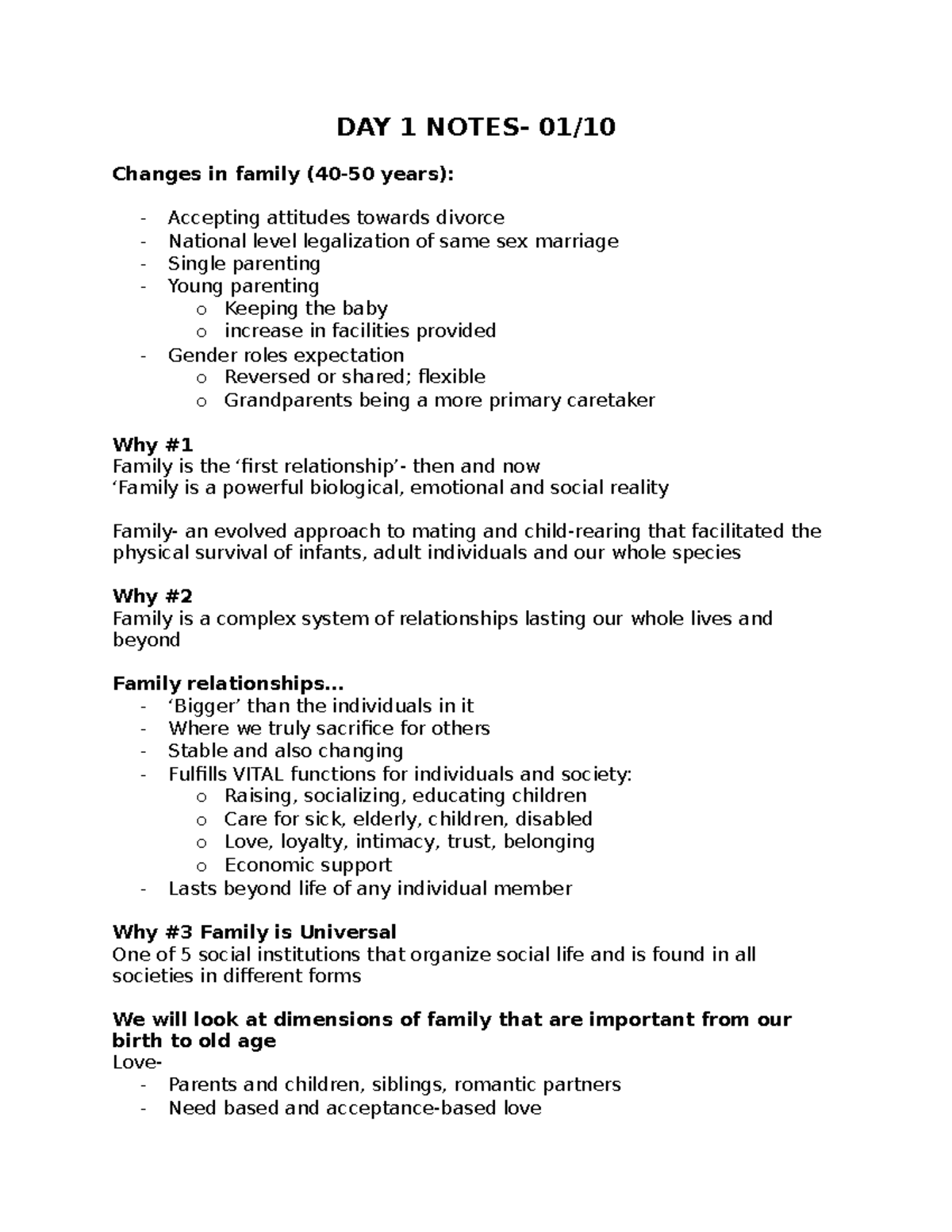 Week 1 notes - Professor Silver - DAY 1 NOTES- 01/ Changes in family ...
