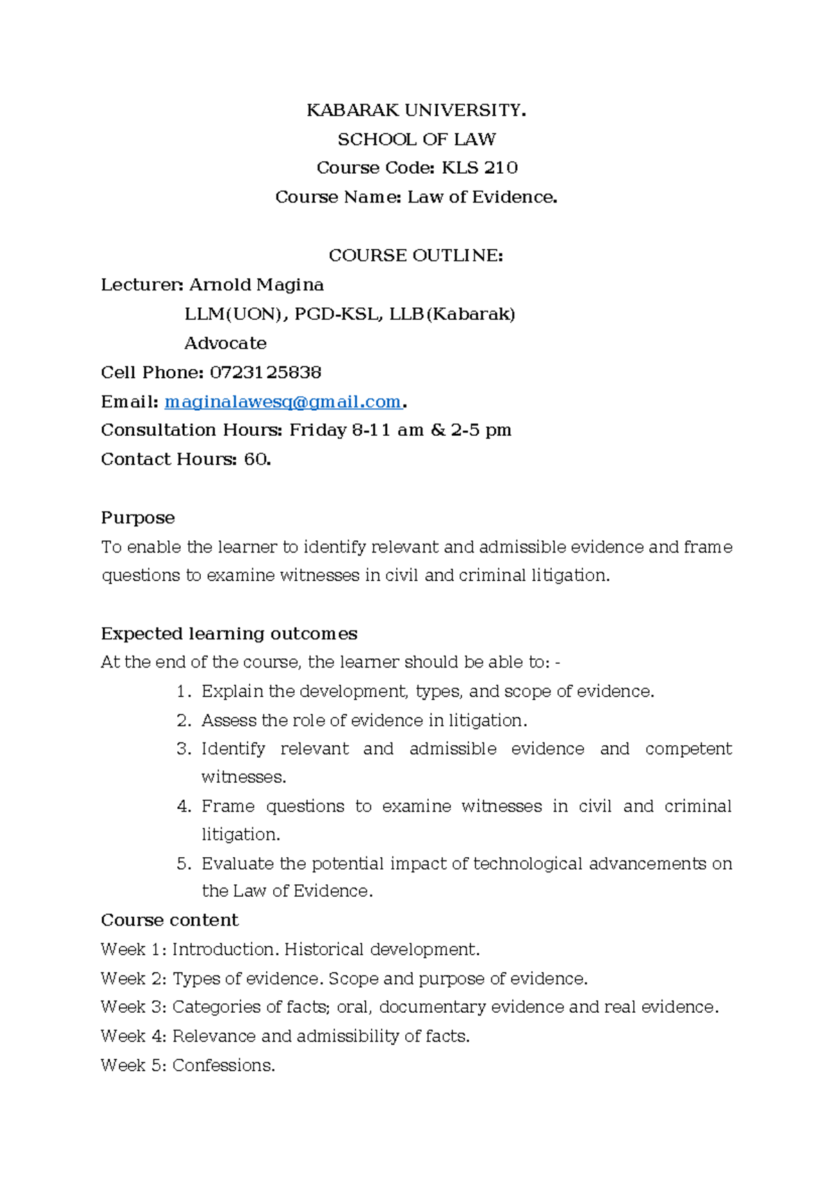 LAW OF Evidence Course Outline - KABARAK UNIVERSITY. SCHOOL OF LAW ...