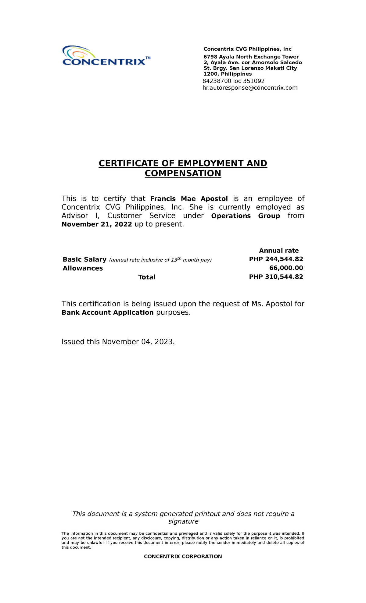 Concentrix Certificate Of Employment