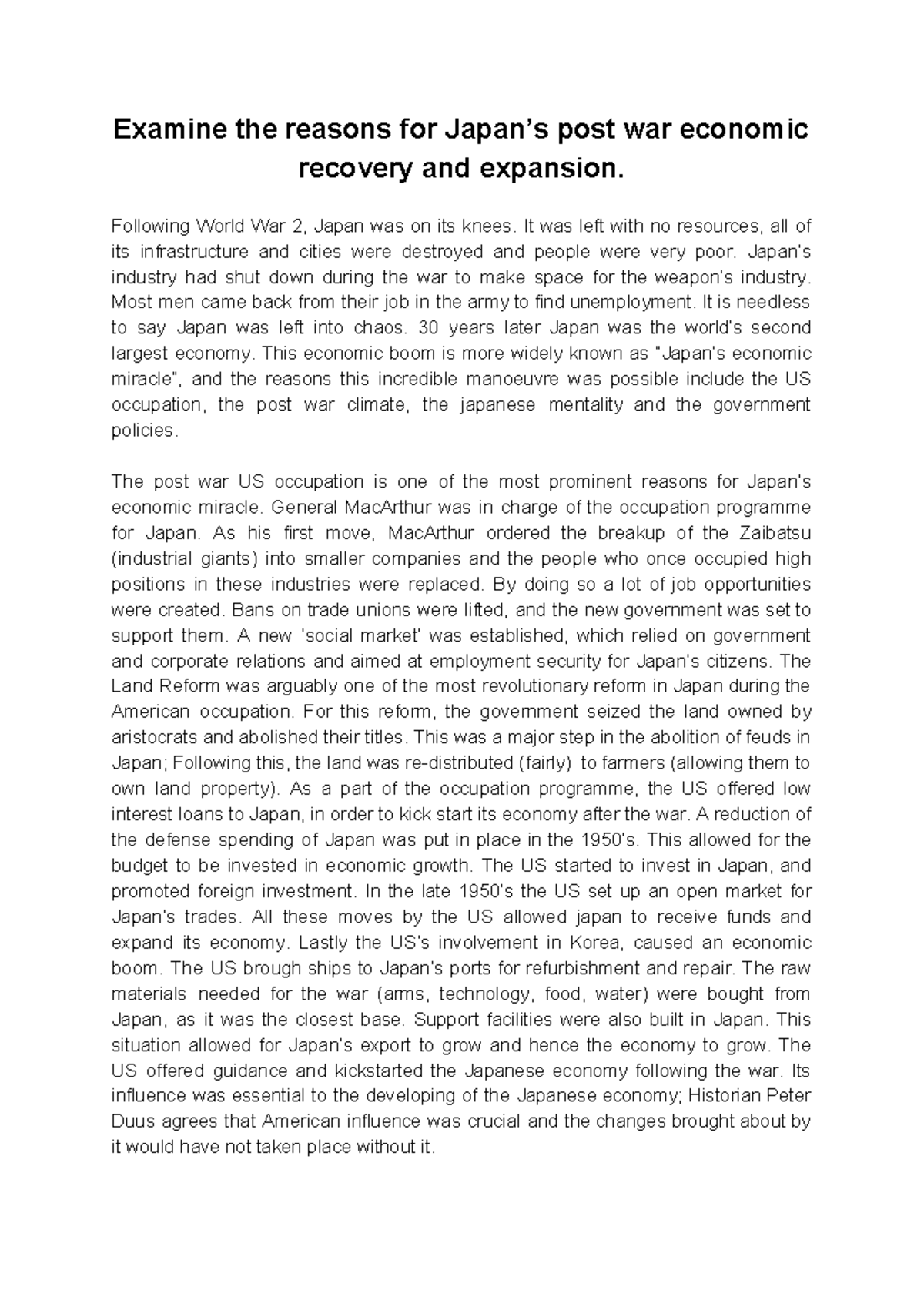 History Japan Essay Examine the reasons for Japan’s post war economic