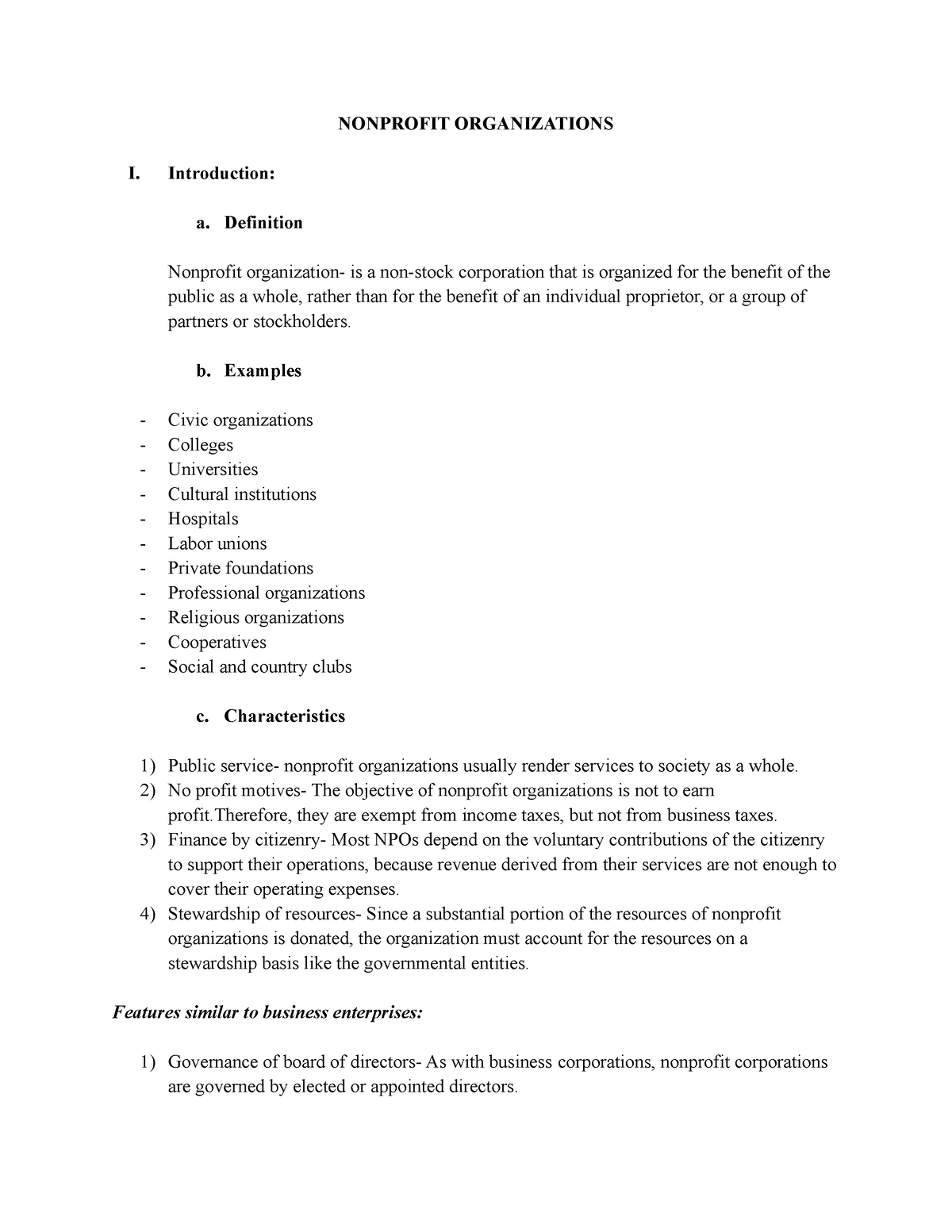 NPOs Handout (Final) - Notes - NONPROFIT ORGANIZATIONS I. Introduction ...