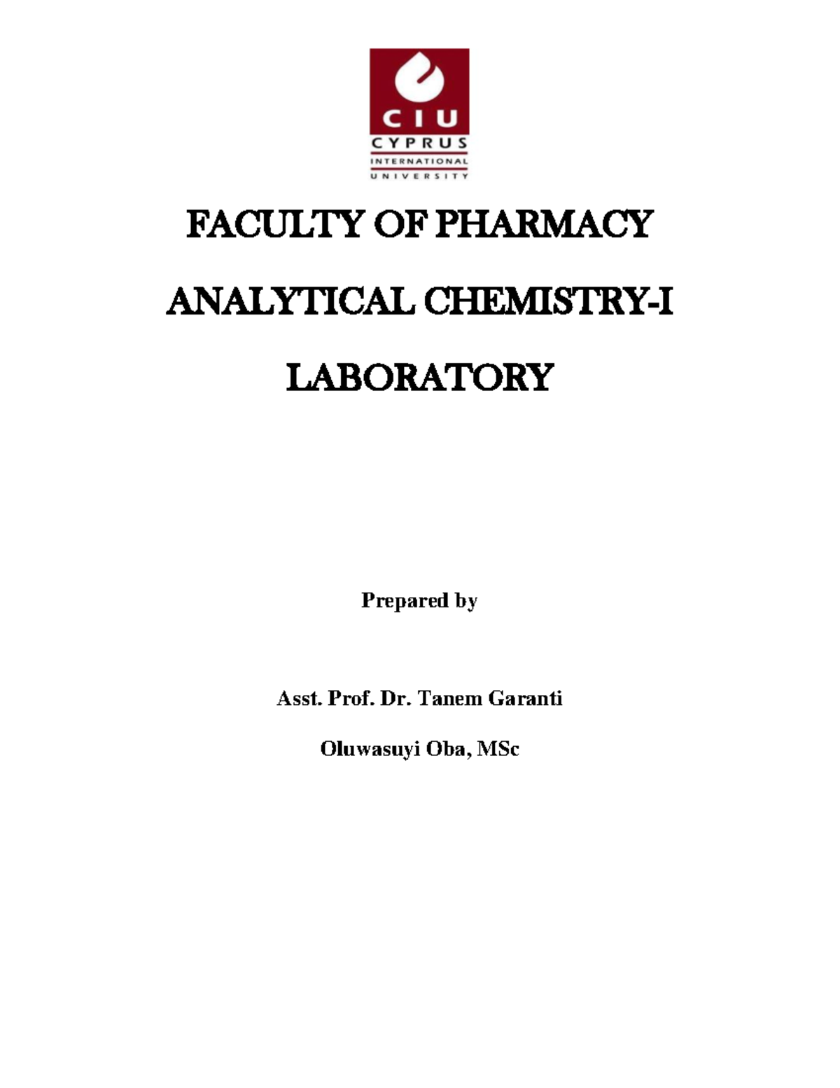 Chem-102-lab-manual compress - FACULTY OF PHARMACY ANALYTICAL CHEMISTRY ...