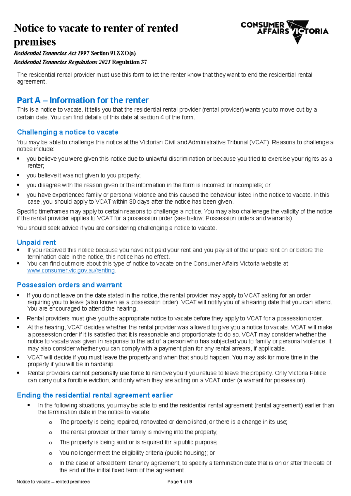 Cpprep 4124 - Notice to vacate - VIC.v1.0 - Notice to vacate to renter ...