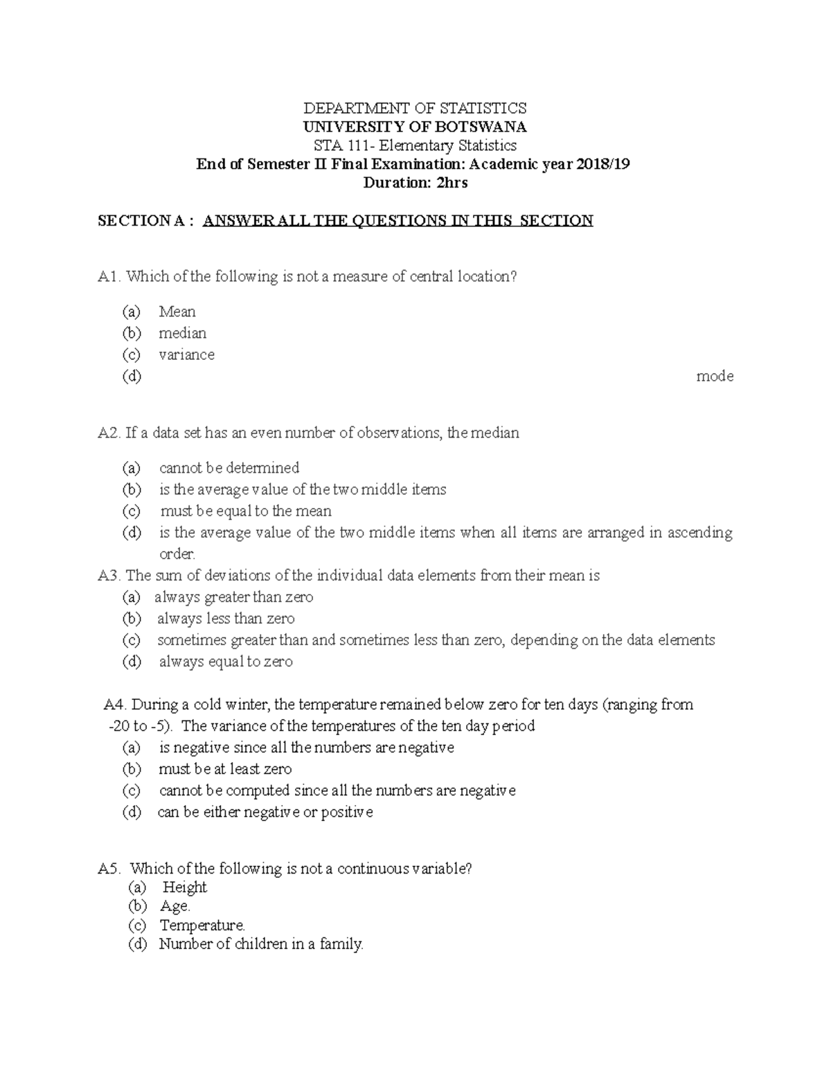 STA111 EXAM 2019 - PAST TEST PAPER - ####### DEPARTMENT OF STATISTICS ...