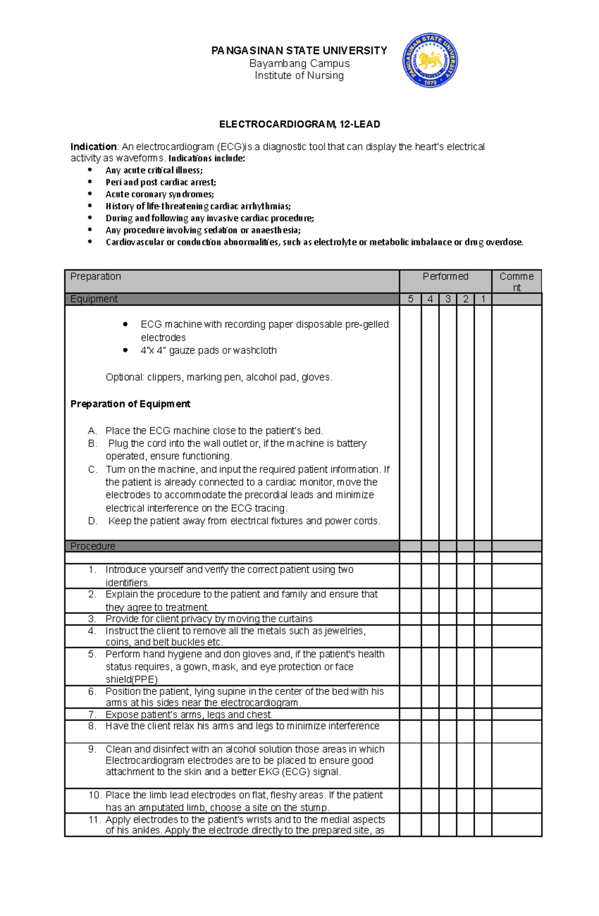 Ecg-checklist-1 - Checklist Of Electrocardiogram - Pangasinan State 