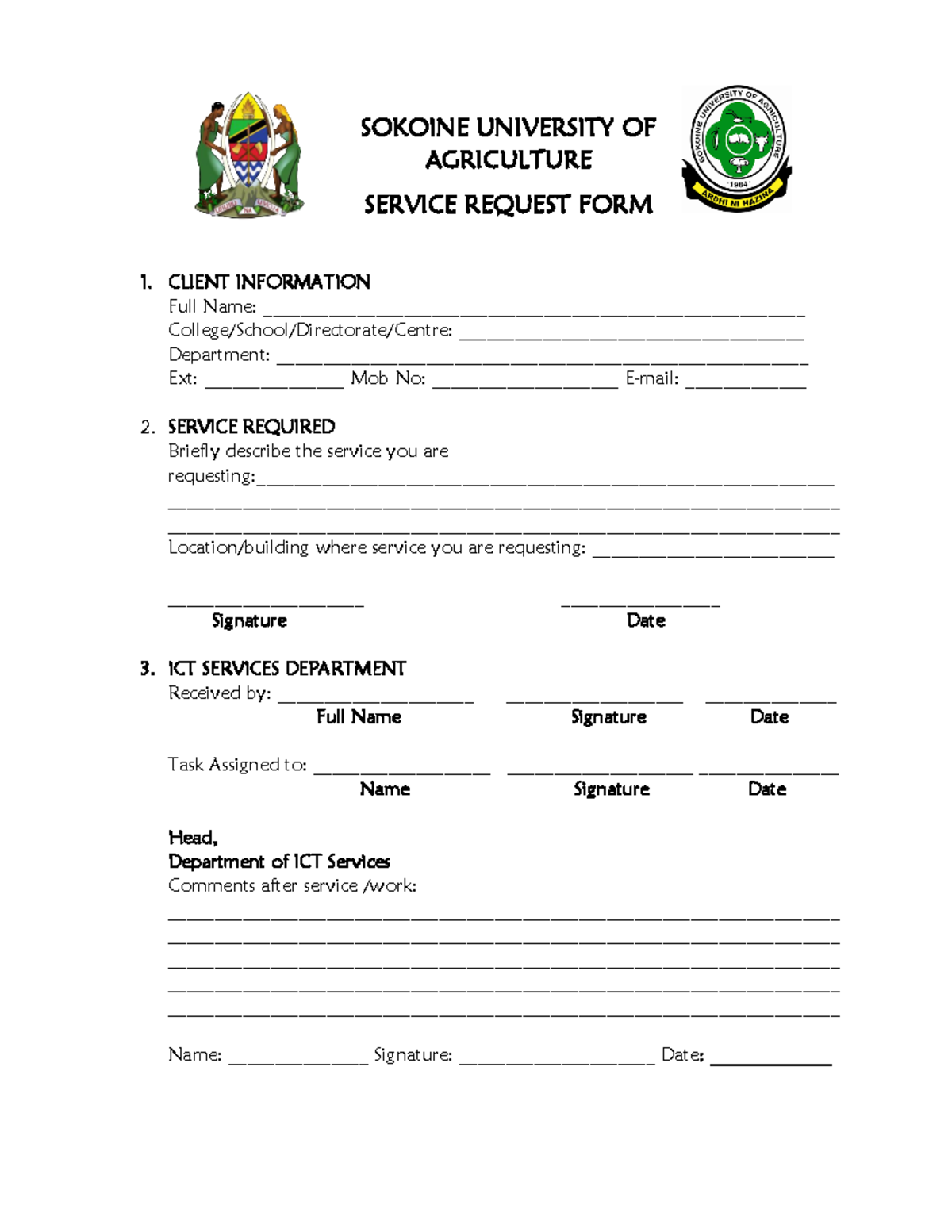 ICT Service Request Form - SOKOINE UNIVERSITY OF AGRICULTURE SERVICE ...