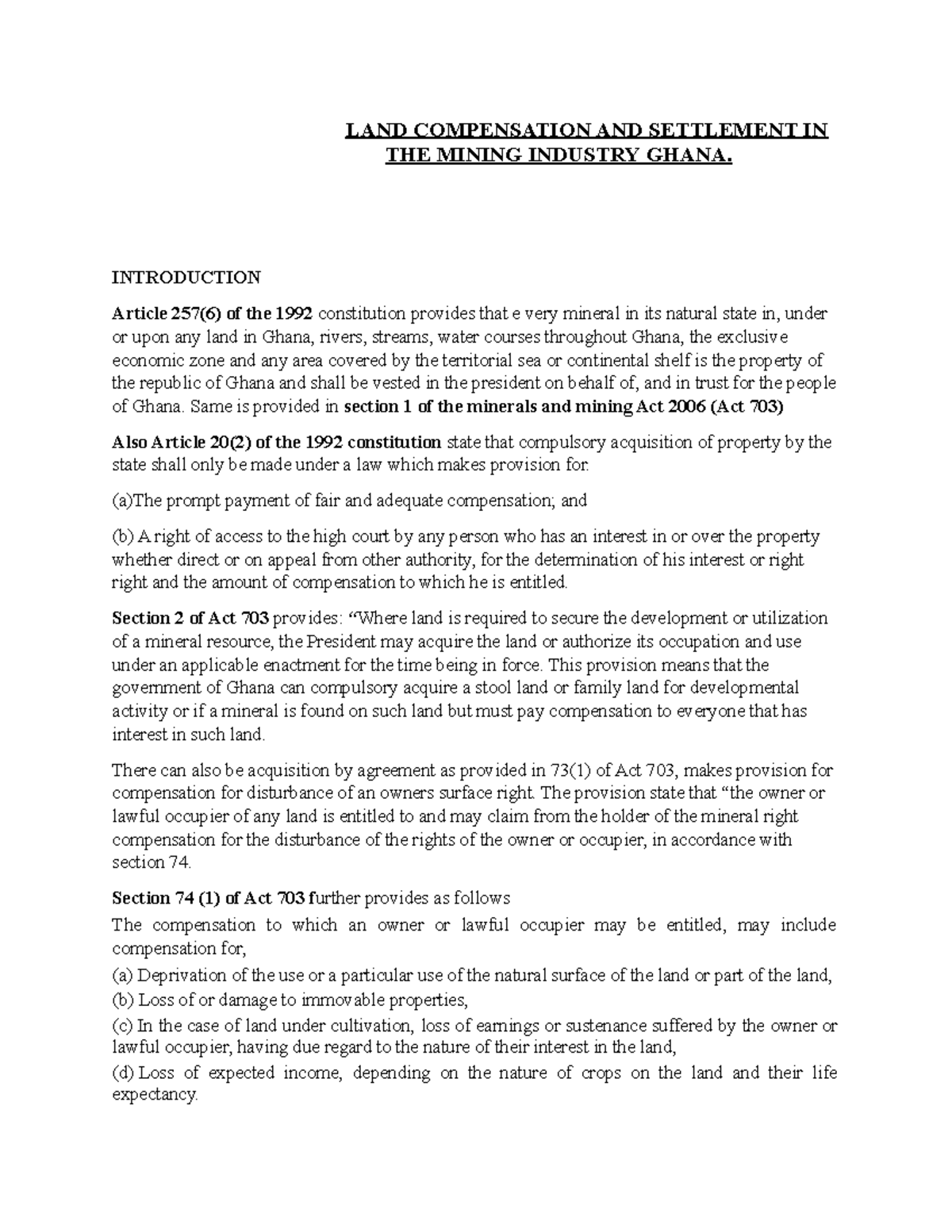 LAND Compensation AND Settlement LAND COMPENSATION AND SETTLEMENT IN