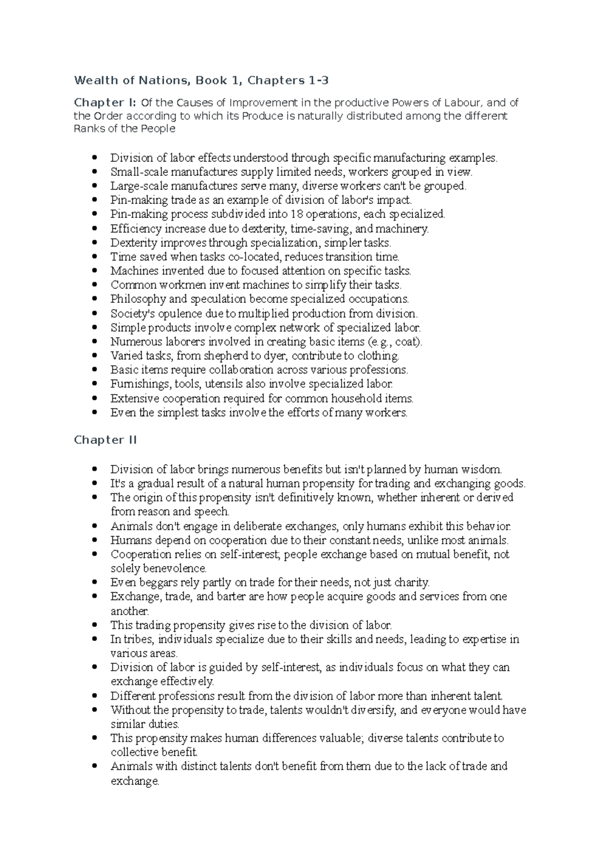 Capstone All chapter summaries Wealth of Nations, Book 1, Chapters