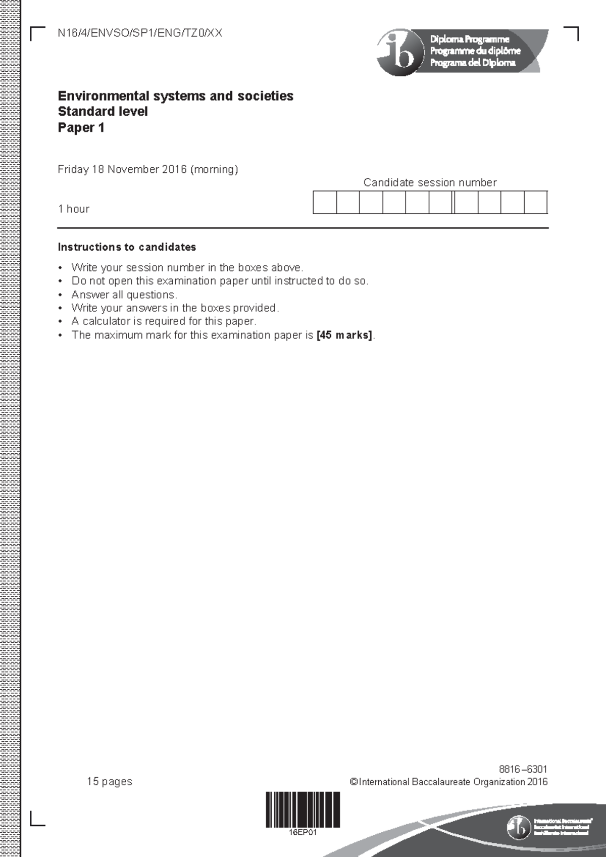 2016 nov paper 1 - Past Paper - Candidate session number N16/4/ENVSO ...