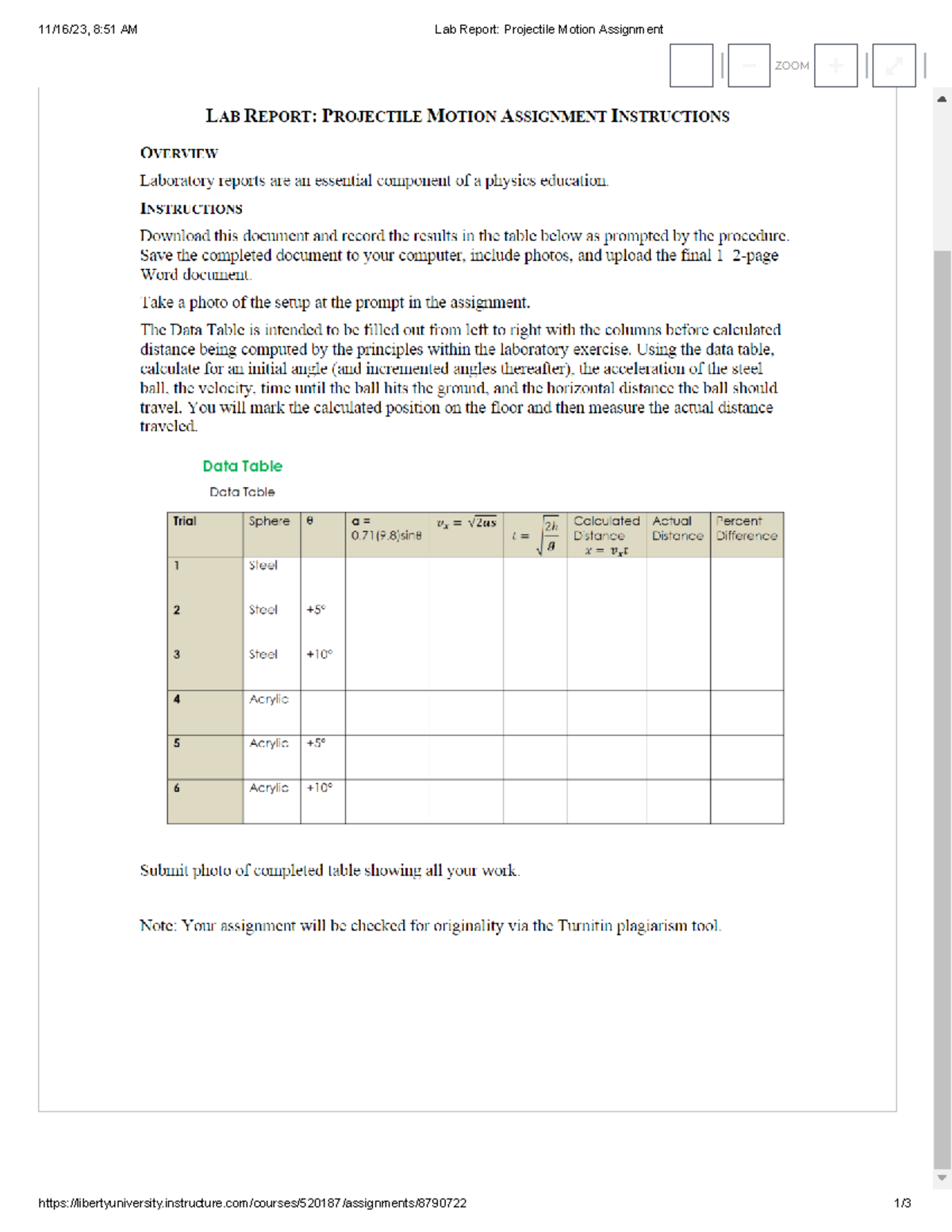 Lab Report Projectile Motion Assignment 11/16/23, 851 AM Lab Report