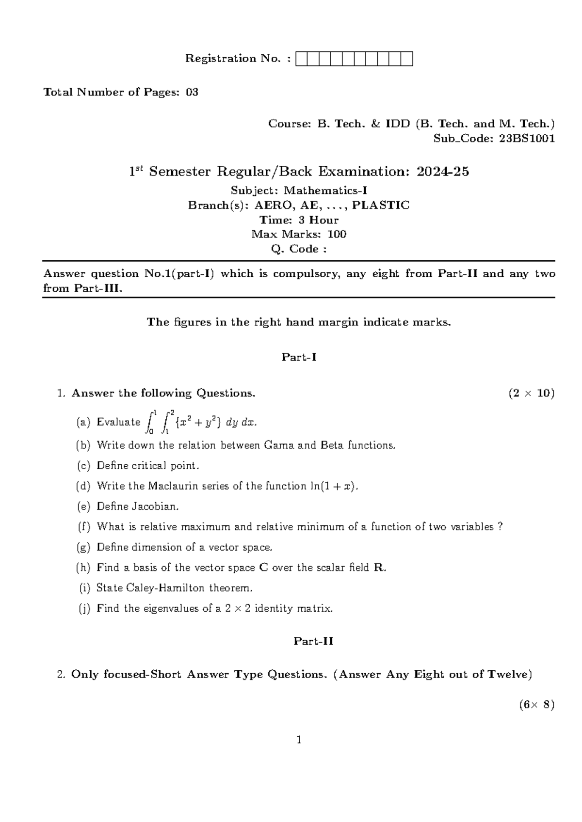 Mathemaatics I (Question BPUT) - Registration No. : Total Number of ...