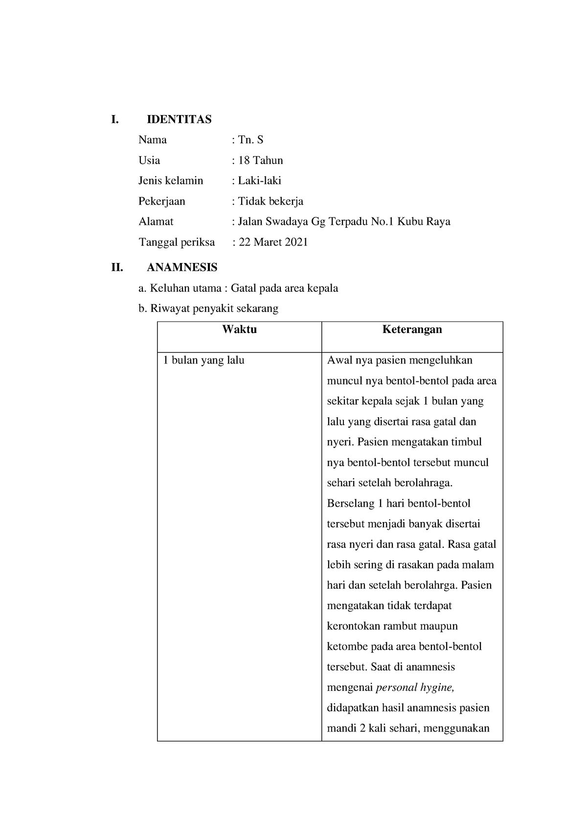 Ujian Kasus Folikulitis* - I. IDENTITAS Nama : Tn. S Usia : 18 Tahun ...