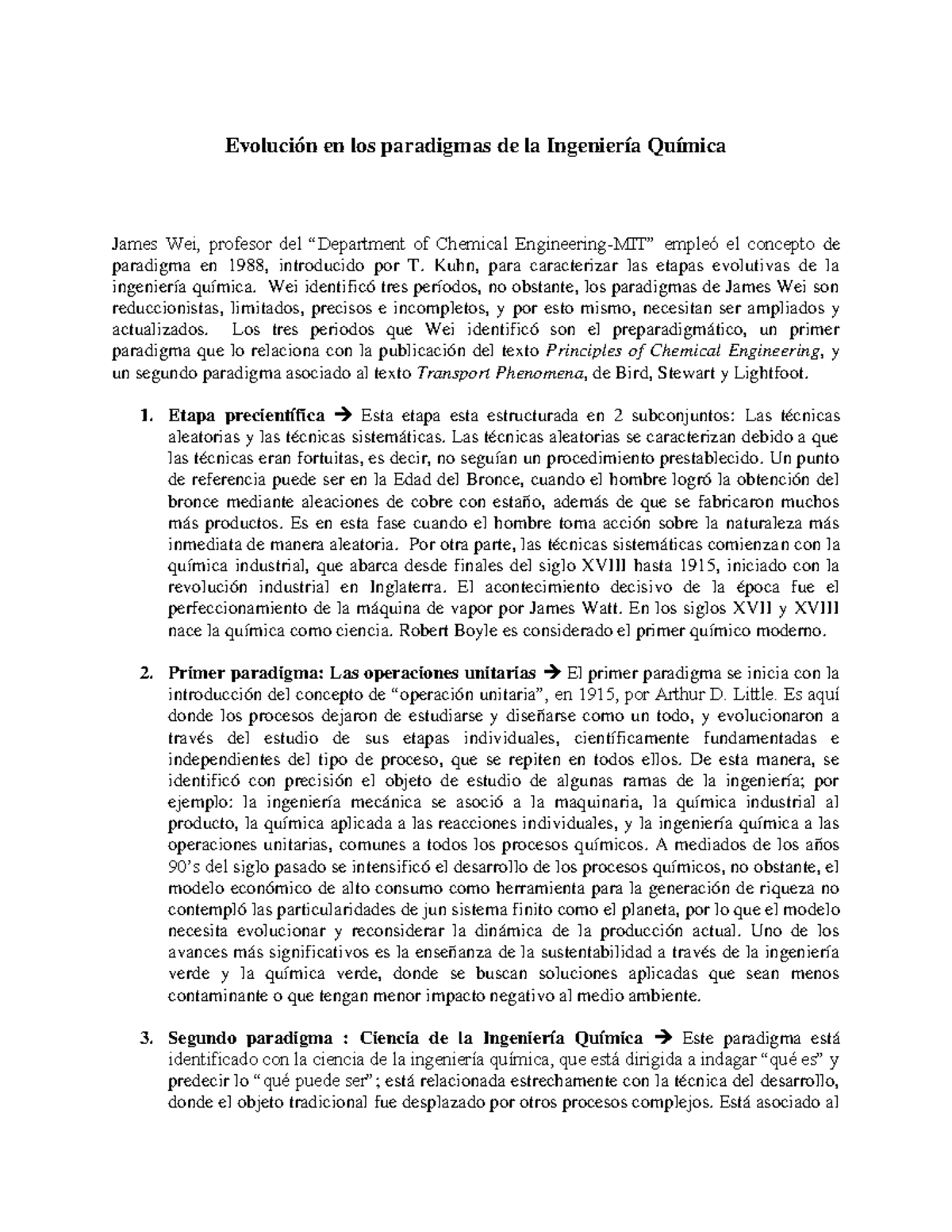 Evolución EN LOS Paradigmas DE LA IQ Evolución en los paradigmas de la Ingeniería Química