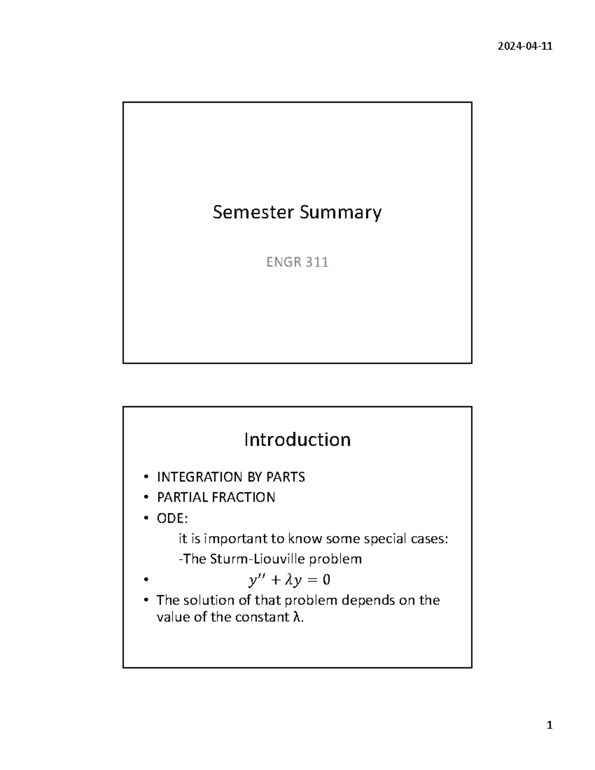 Semester Summary 1 - Semester Summary ENGR 311 Introduction ...