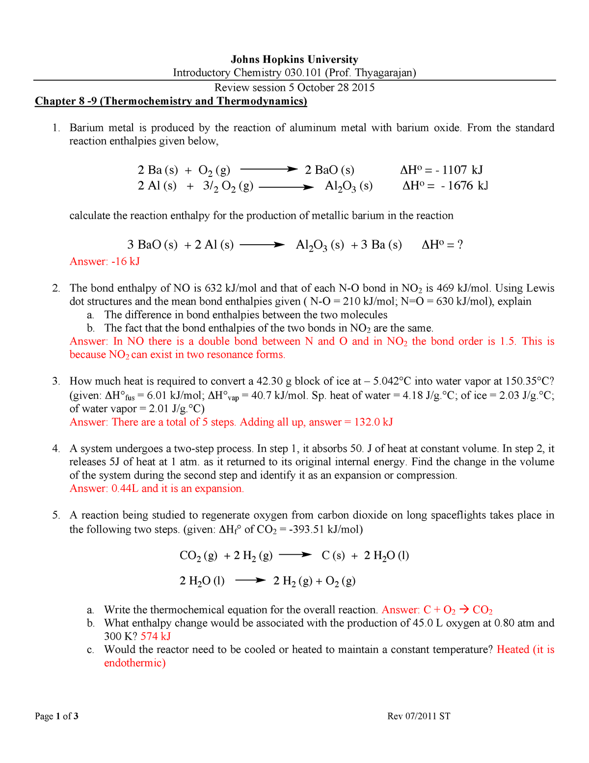 Review Session 5 Worksheet Answer Key Johns Hopkins University Introductory Chemistry 030