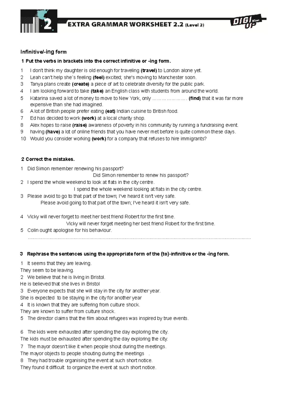 Grammar worksheet resolution - Infinitive/-ing form 1 Put the verbs in ...