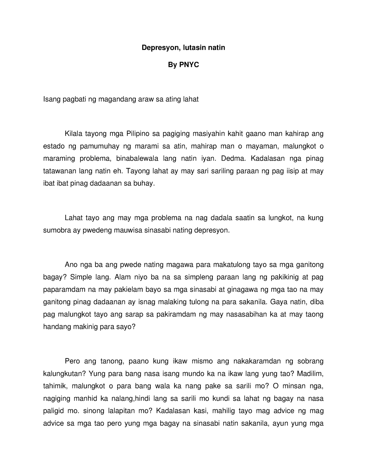 Talumpati - Depresyon, Lutasin Natin By PNYC Isang Pagbati Ng Magandang ...