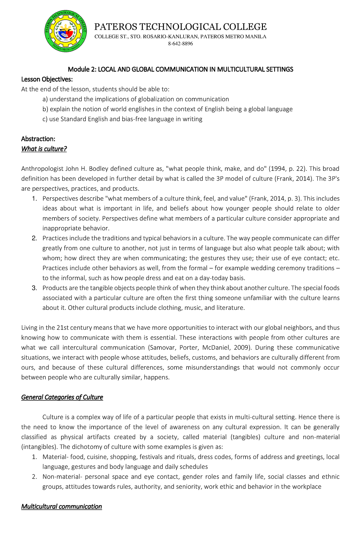 Module 2- Local AND Global Communication IN Multicultural Settings ...