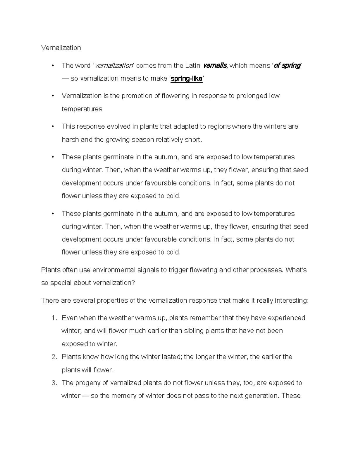 Vernalization Notes on the presentation about the promotion of flowering in response to