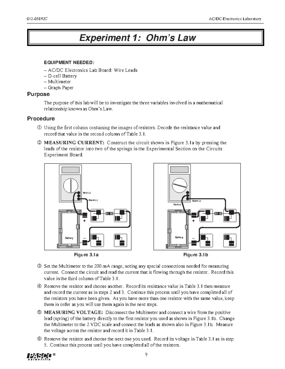 1 ohms - 9 012-05892C AC/DC Electronics Laboratory ® EQUIPMENT NEEDED ...