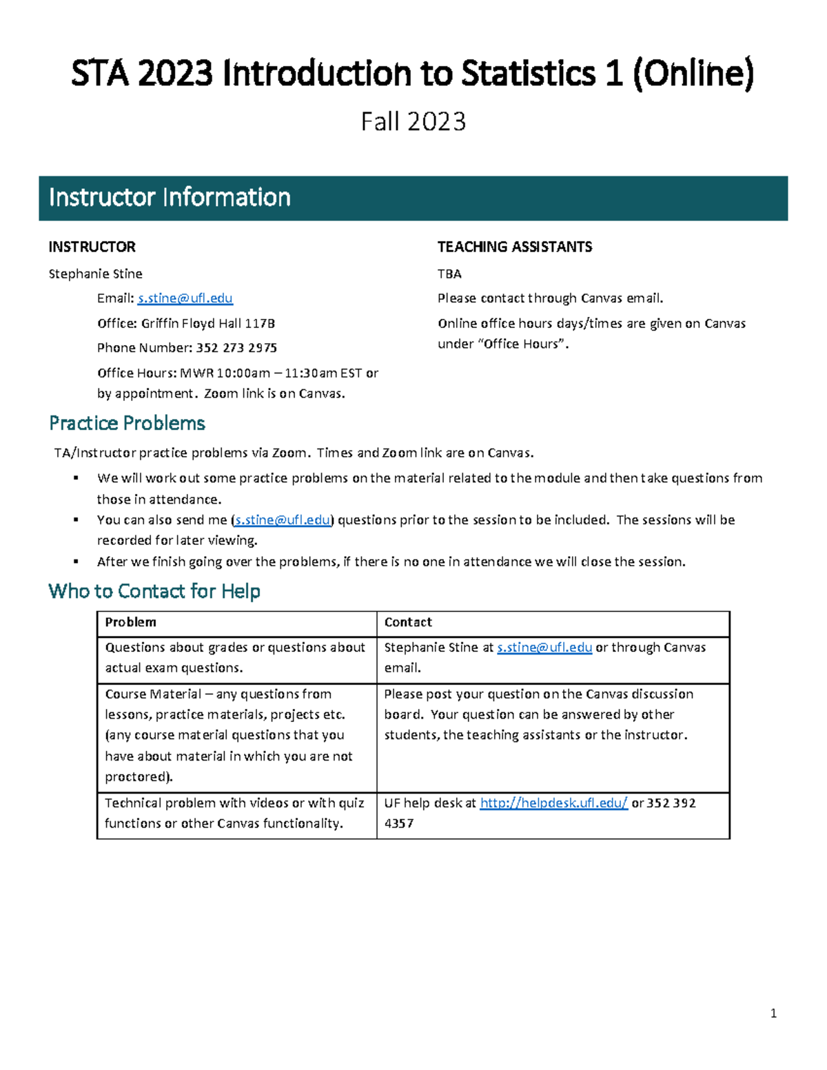 STA2023 Syllabus Fall2023 Online STA 2023 Introduction to Statistics