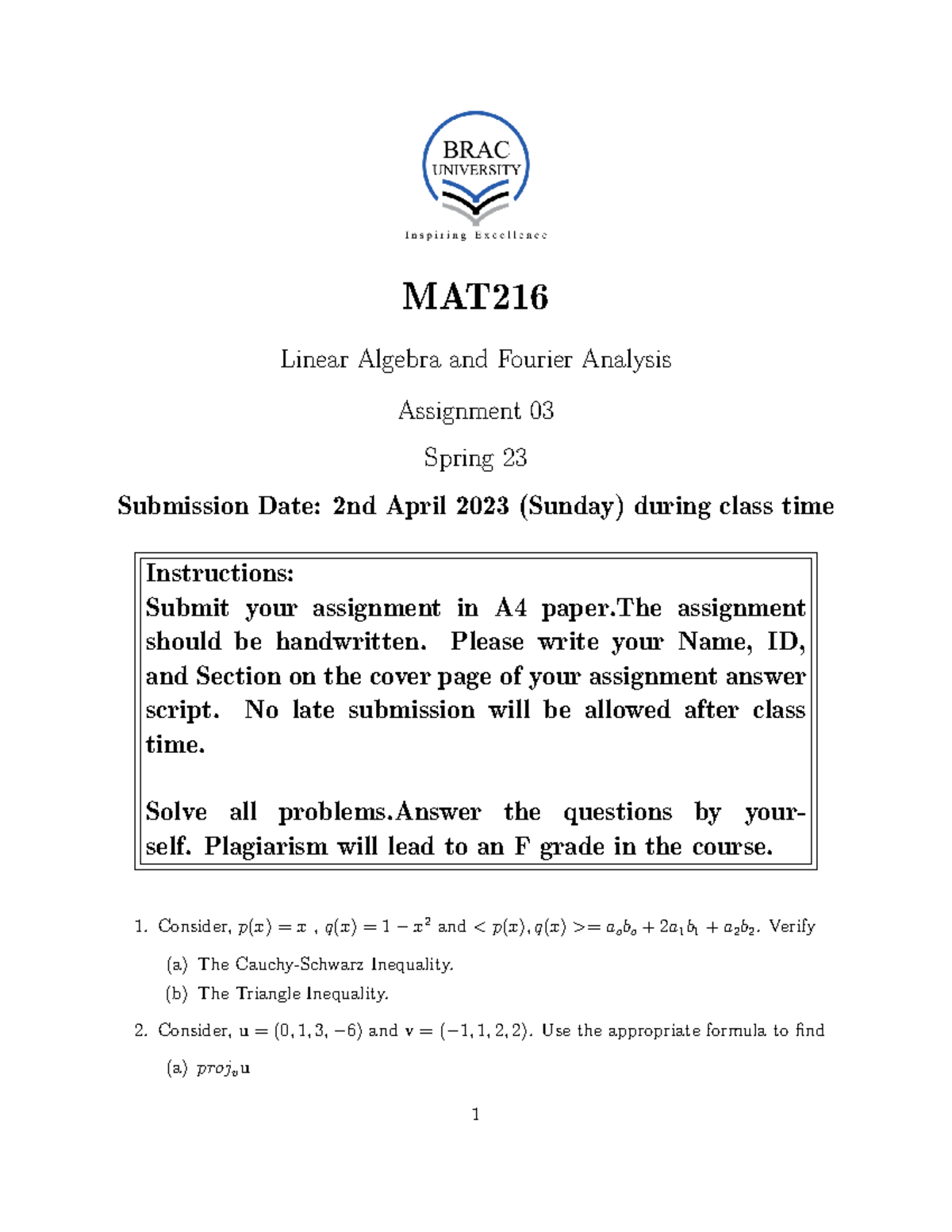 MAT216 Spring 23 Assignment 3 - MAT Linear Algebra and Fourier Analysis ...