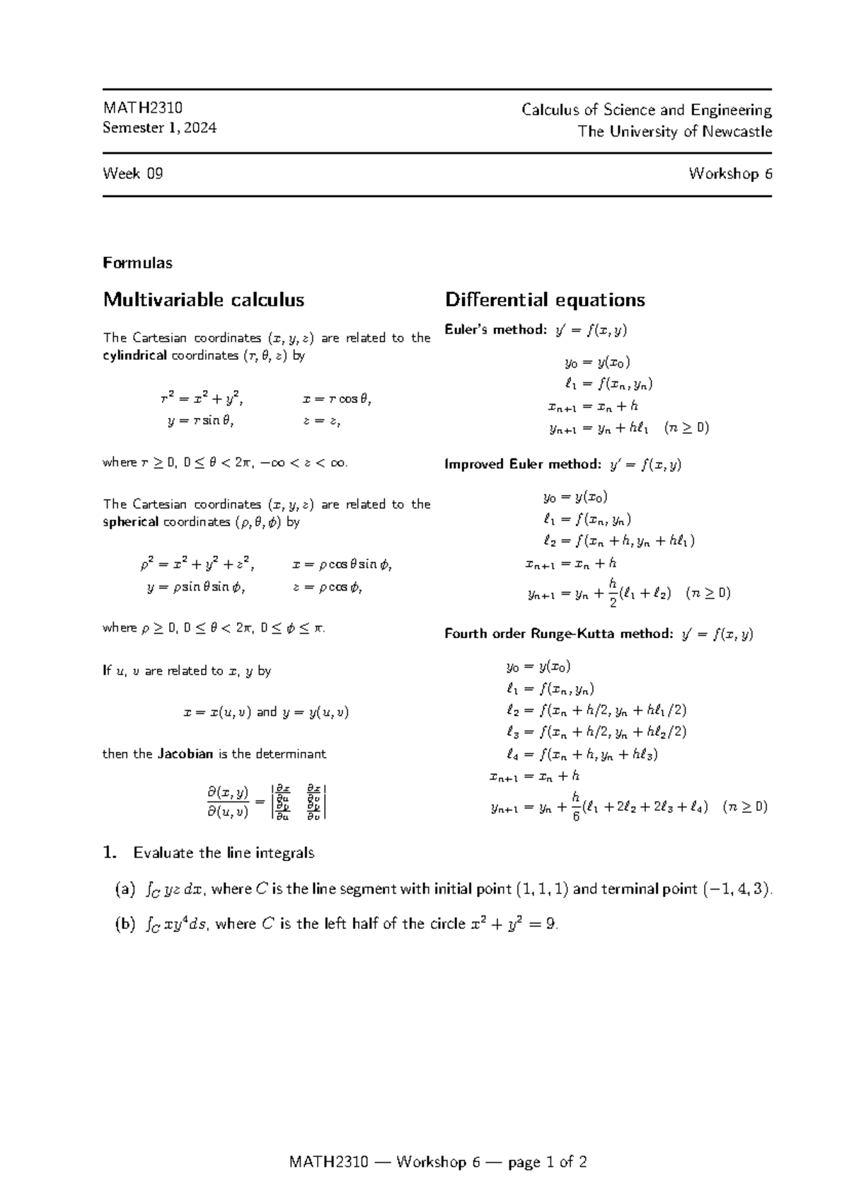 Workshop 6 S1 2024 week 9 - Calculus of Science and Engineering The ...