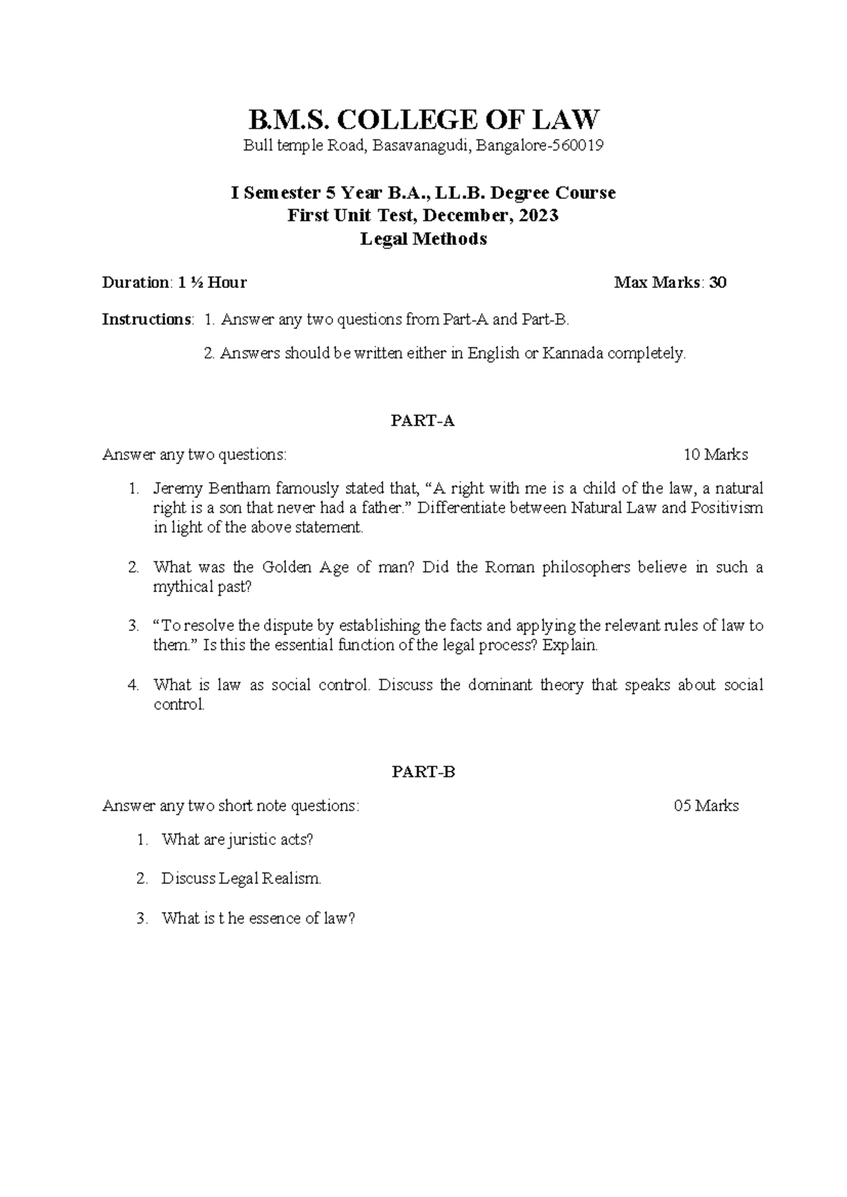 Legal Methods Unit Test I (eng) - B.M. COLLEGE OF LAW Bull temple Road ...