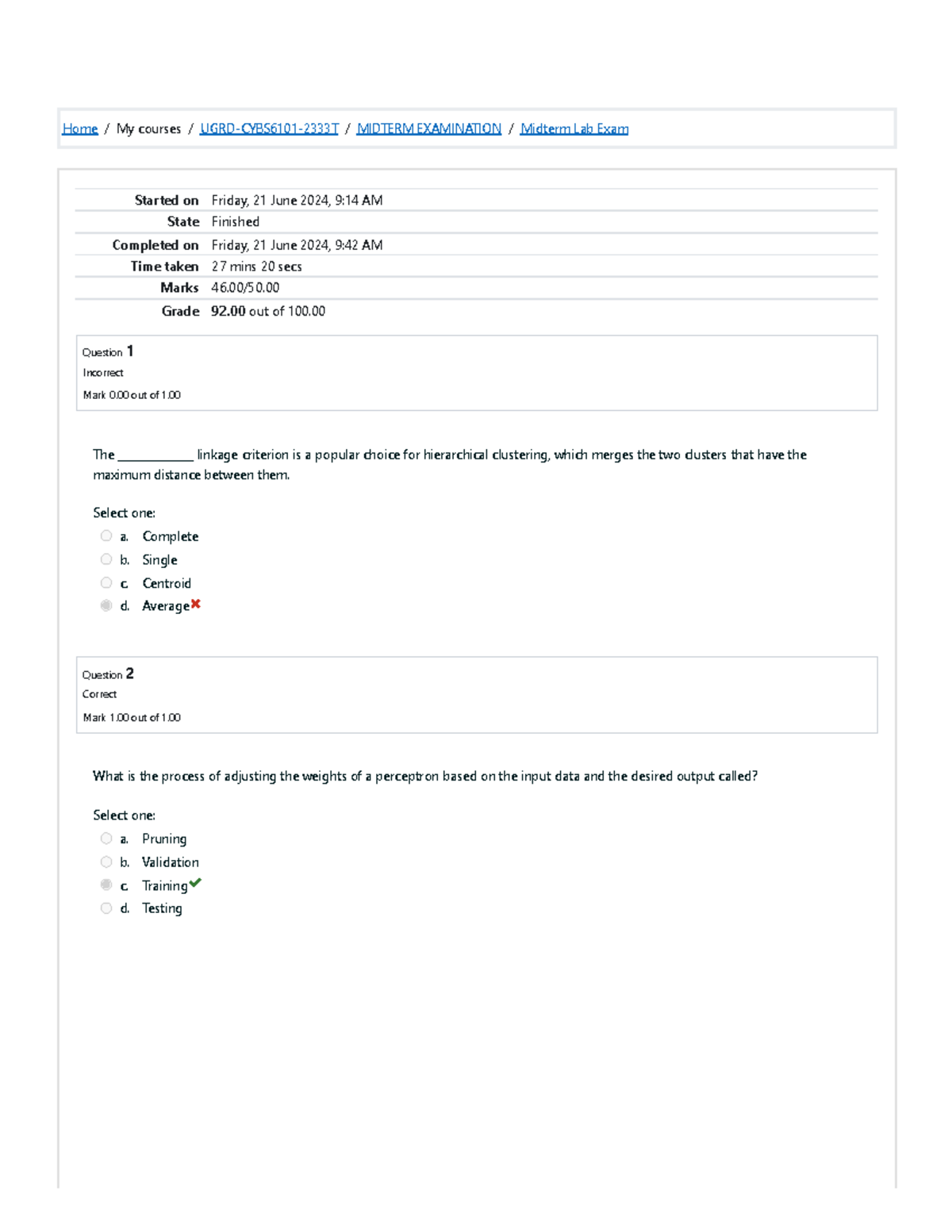 Midterm Lab Exam Attempt review - Home / My courses / UGRD-CYBS6101 ...