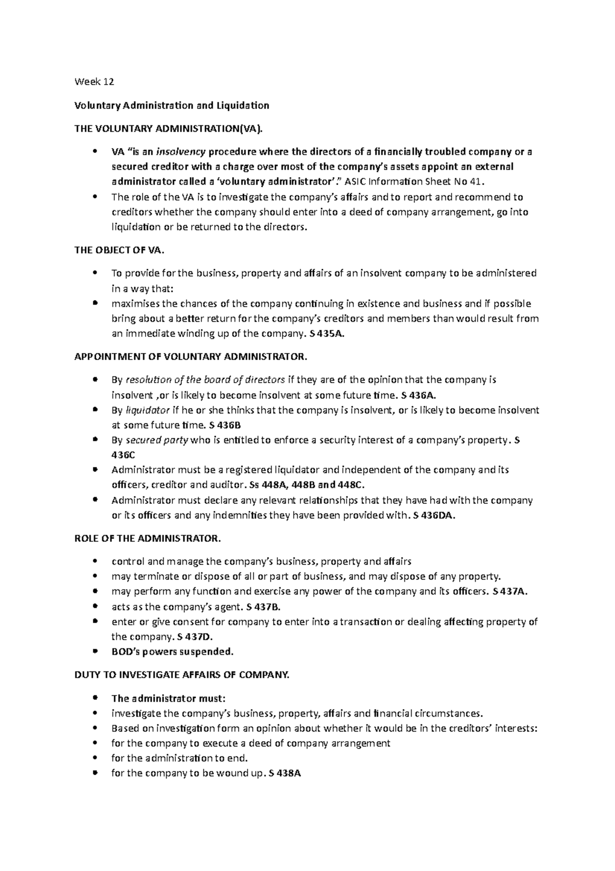 Lecture 12 - Week 12 Voluntary Administration and Liquidation THE ...