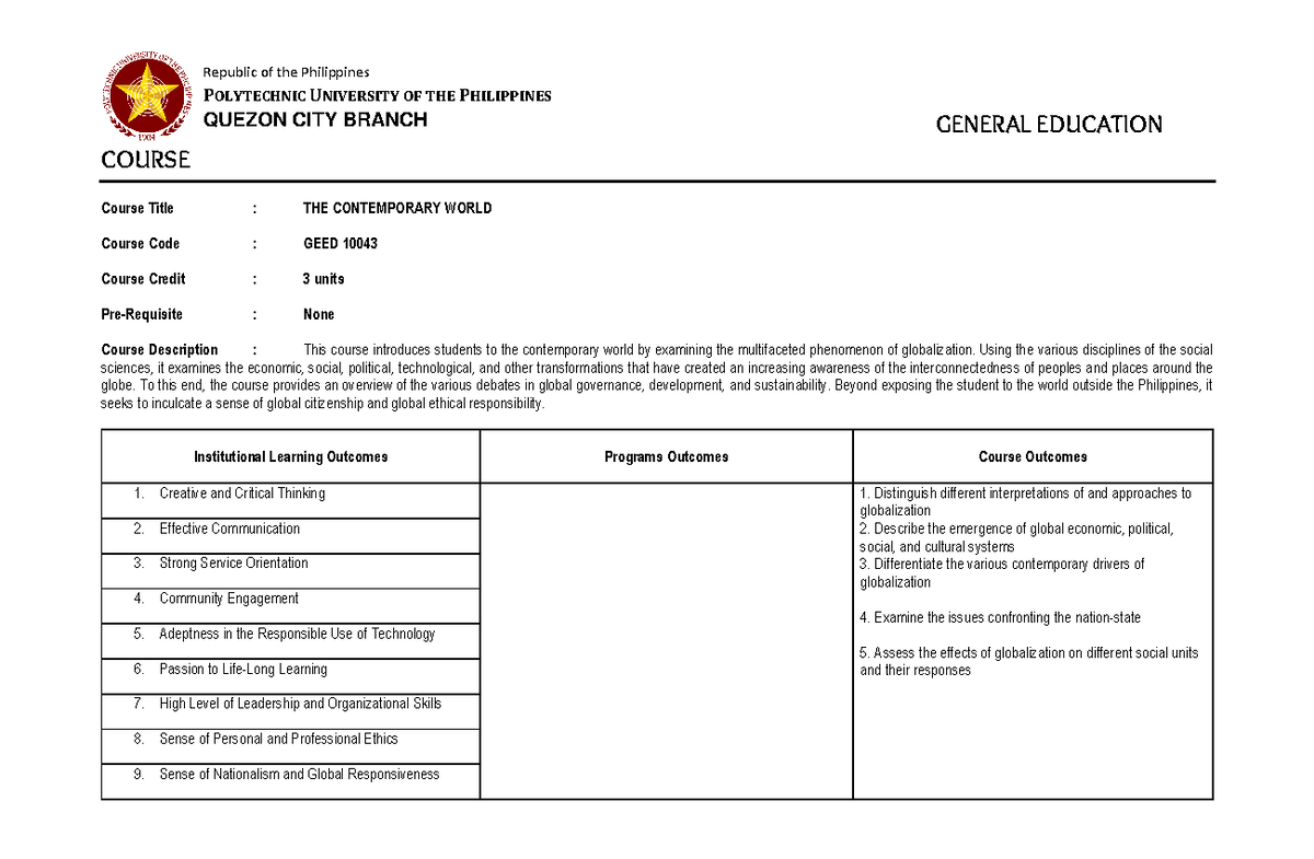 The-Contemporary-World-1 - GENERAL EDUCATION COURSE Course Title : THE ...