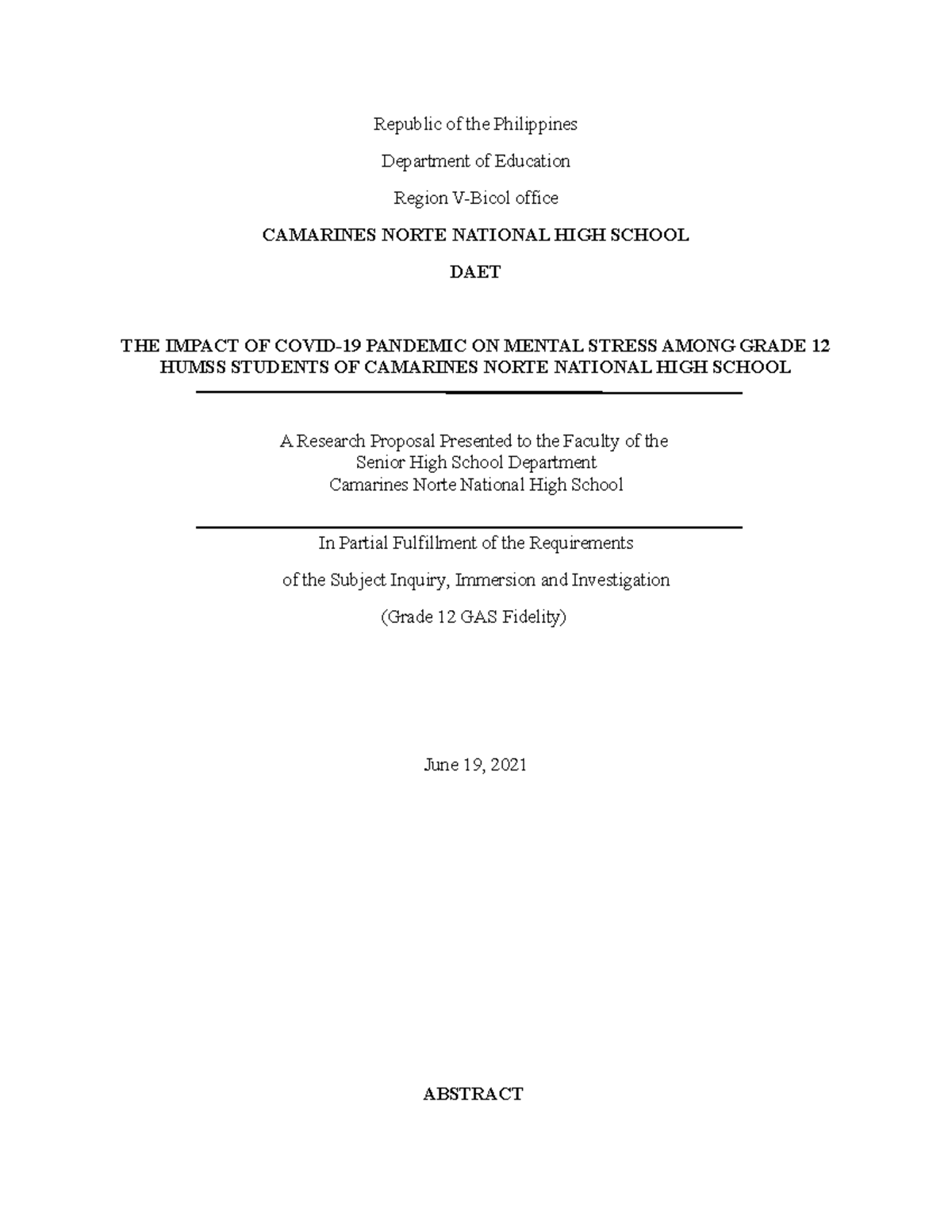 The impact of covid 19 pandemic on mental stress among grade 12 student ...