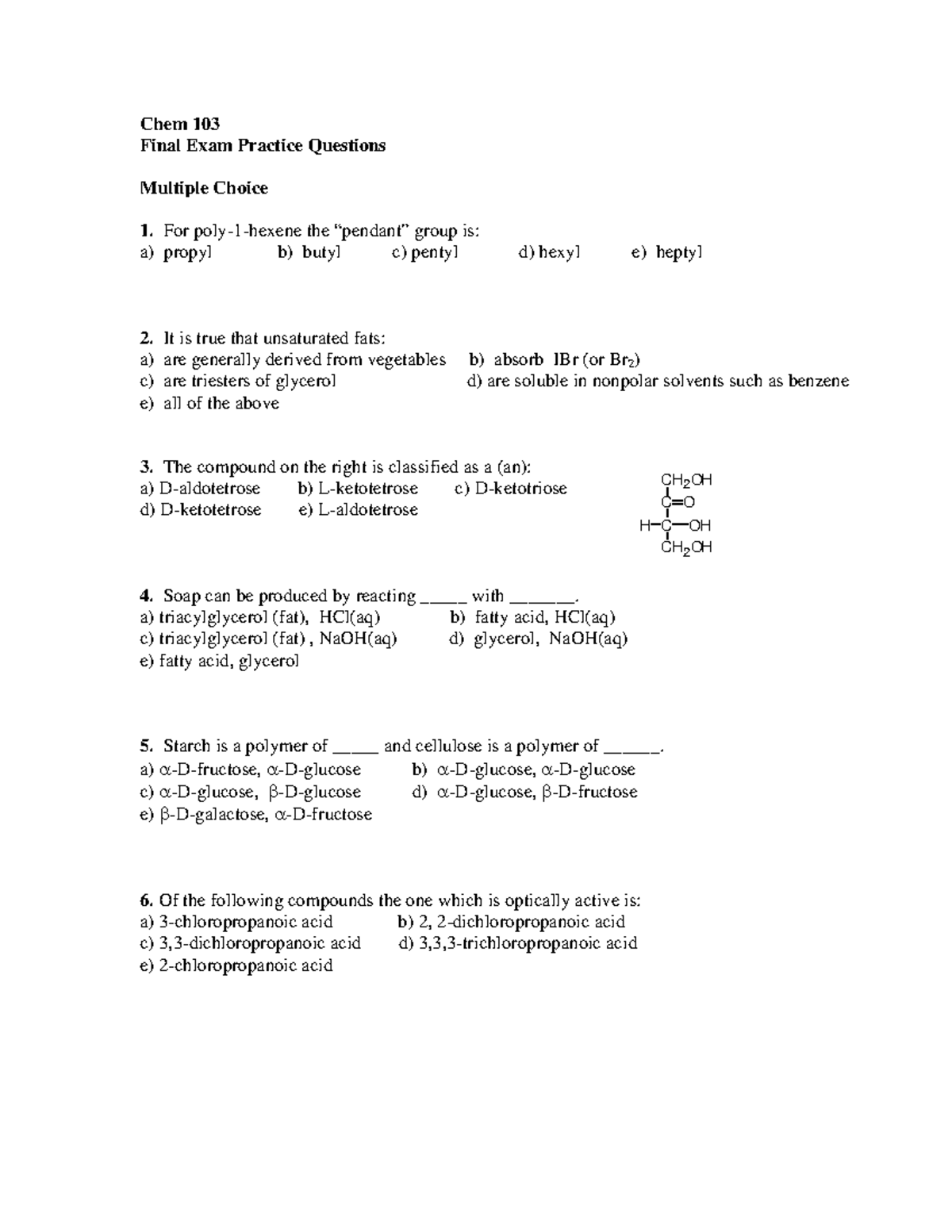 Final Exam Practice Questions - Chem 103 Final Exam Practice Questions ...