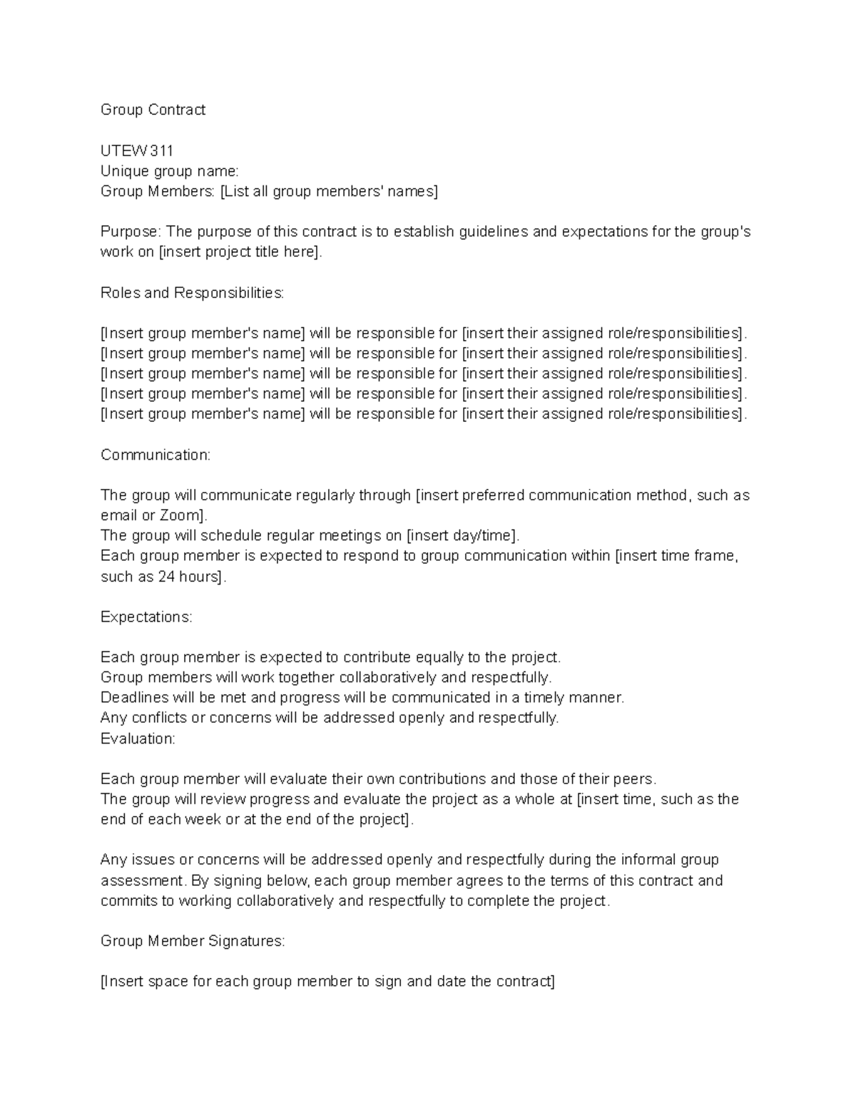 Group Contract template - Group Contract UTEW 311 Unique group name ...