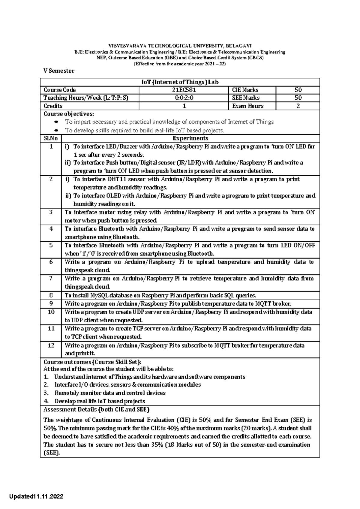 Io T lab syllabus - 21EC581 - VISVESVARAYA TECHNOLOGICAL UNIVERSITY ...