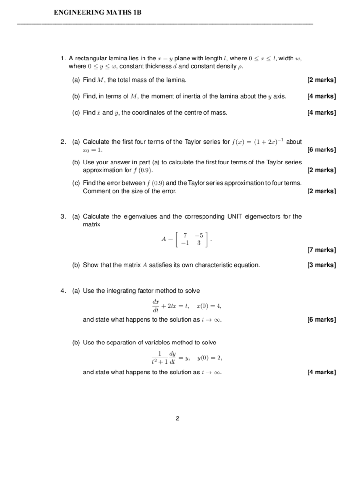 Exam June 2018, questions - ENGINEERING MATHS 1B 1. A rectangular ...